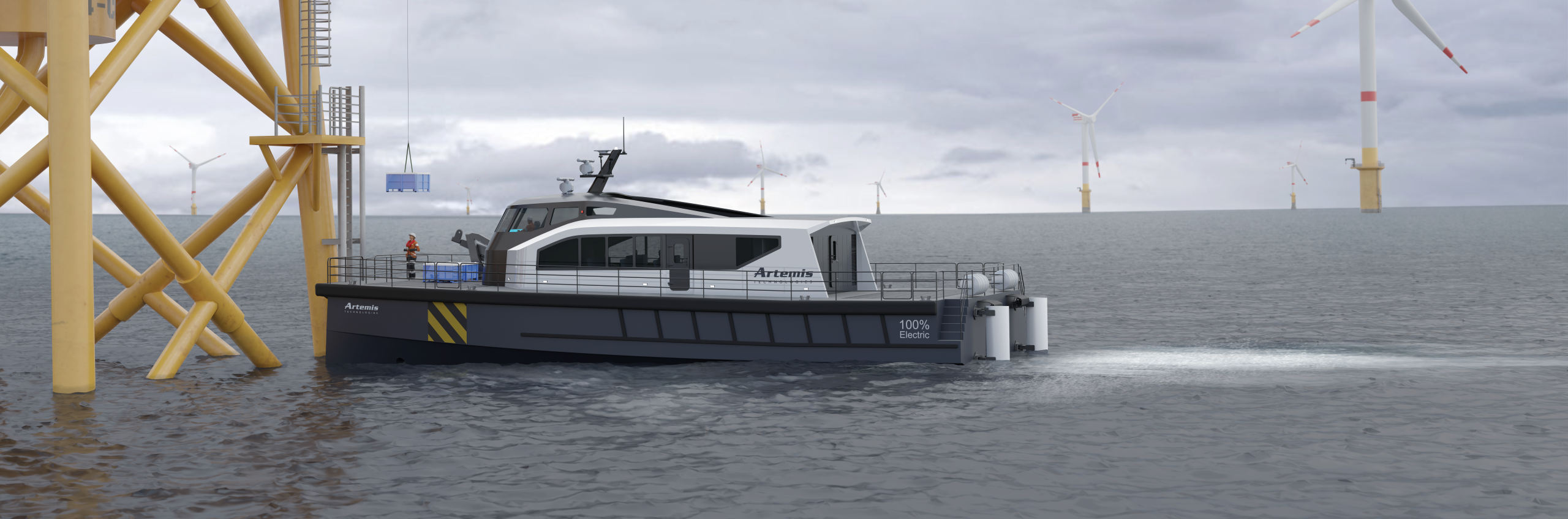 Render of Artemis Technologies EF-24 CTV docking at offshore wind site