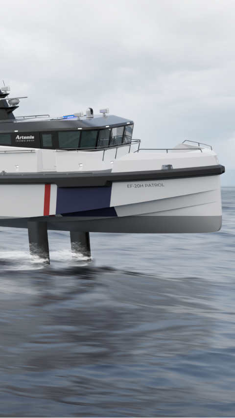Render of Artemis Technologies EF-20 H Coastgaurd foiling alongside helicopter