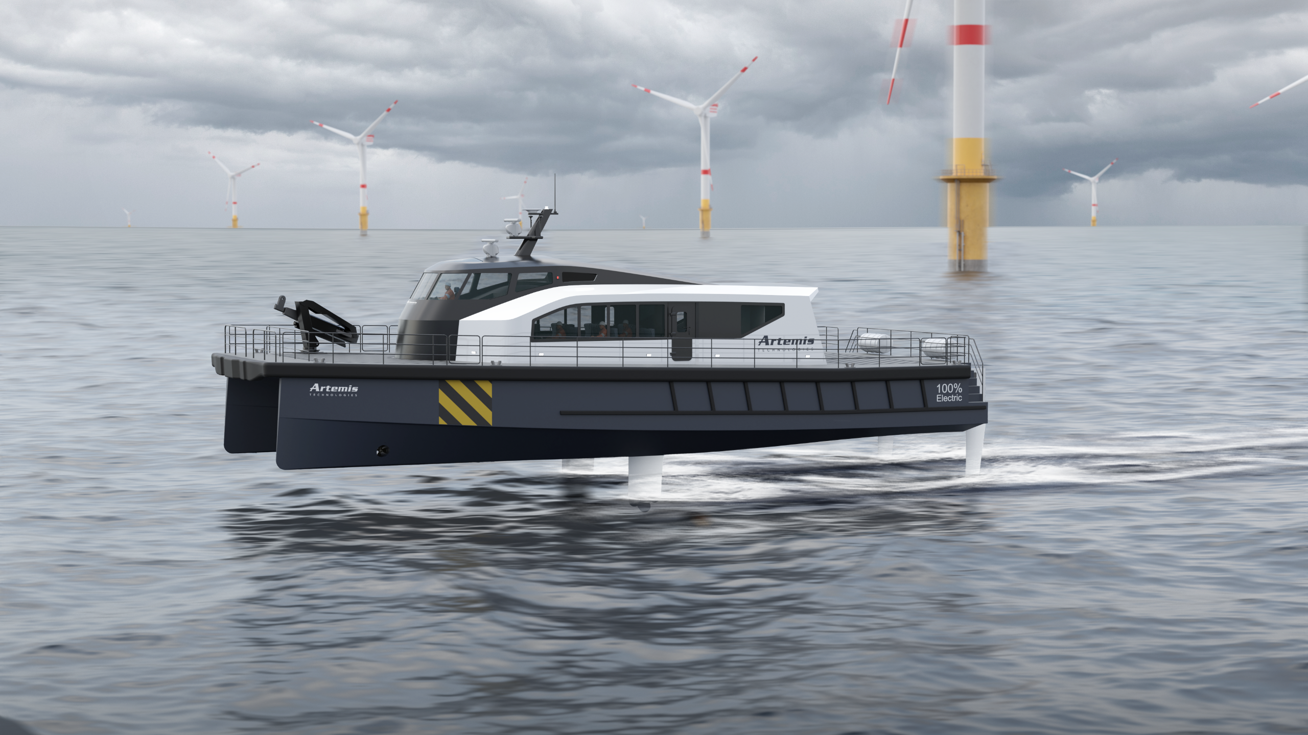Artemis EF-24 CTV Foiling at sea with the offshore wind turbines in the background