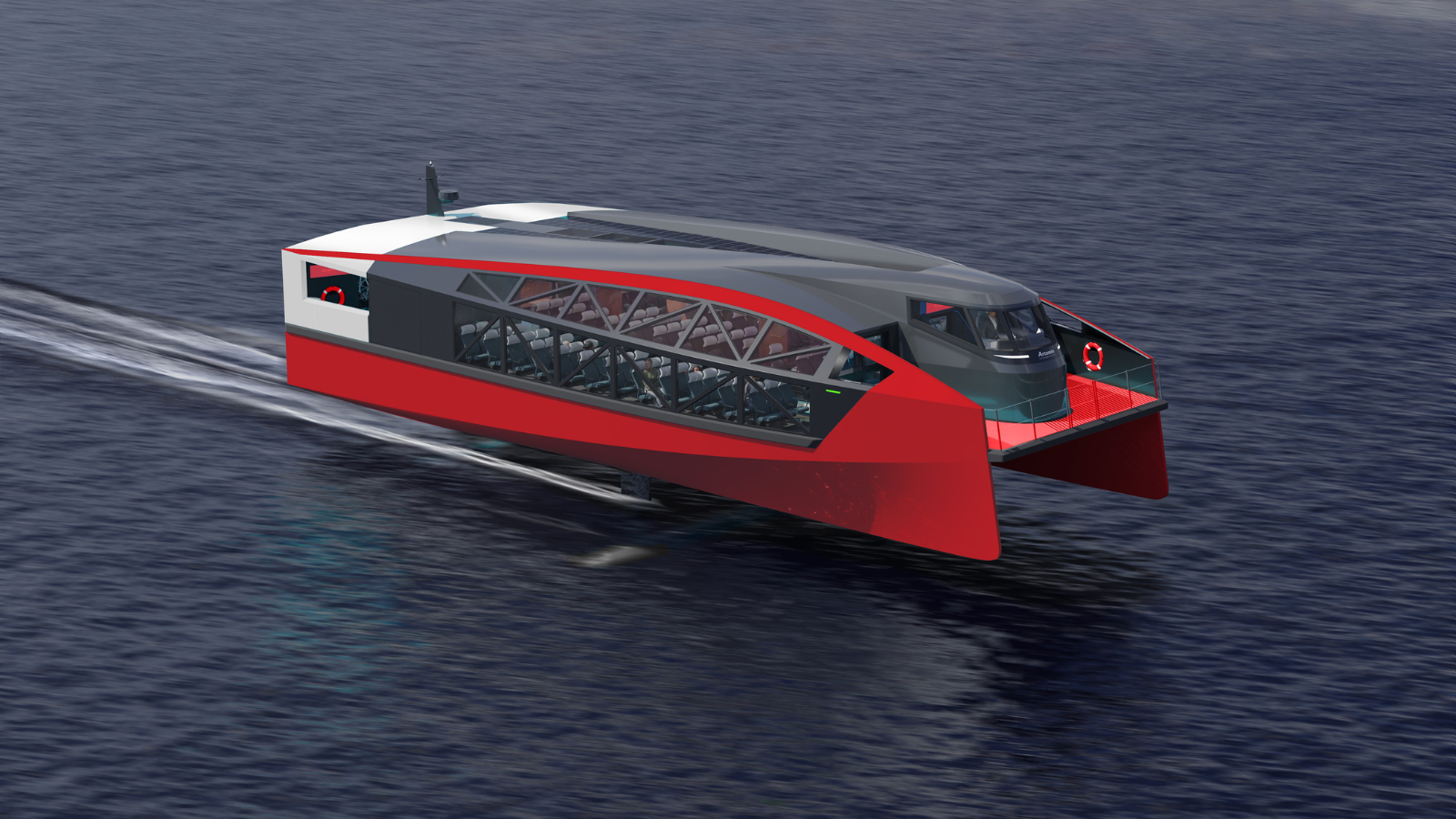 Red ferry foiling above water