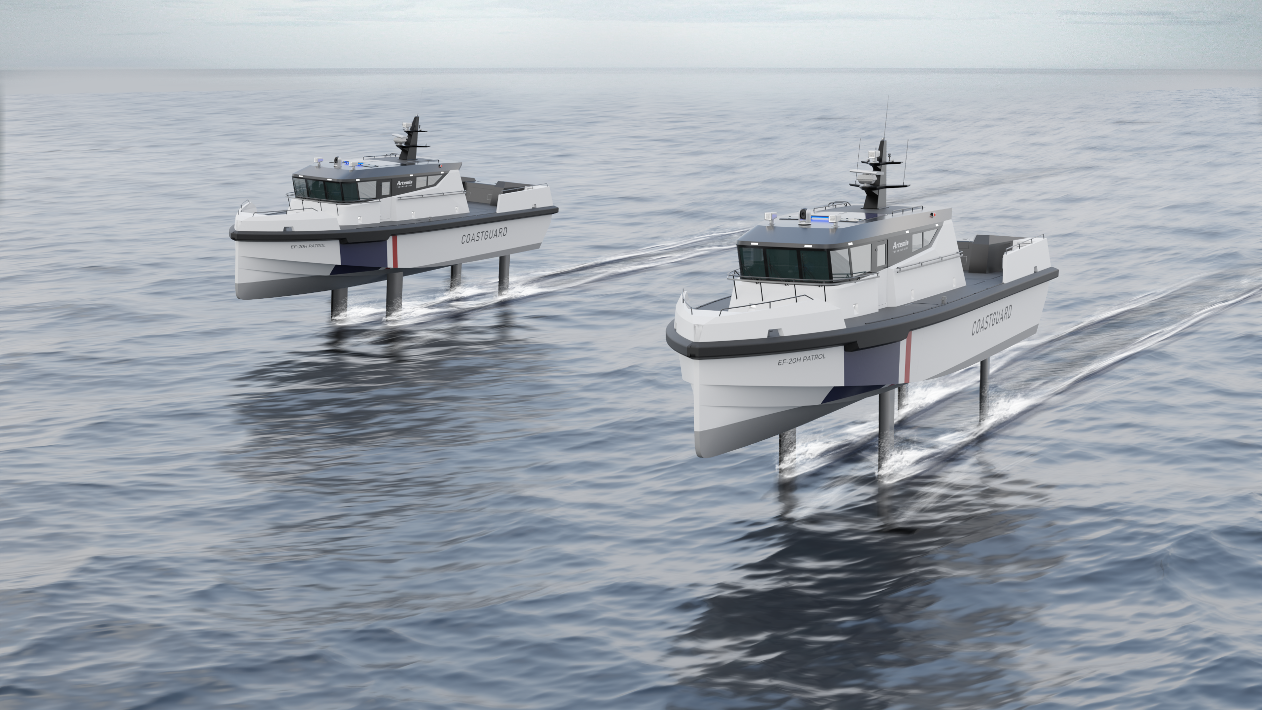 Two white Artemis EF-20H Patrol vessels foiling beside each other in staggered parallel formation.