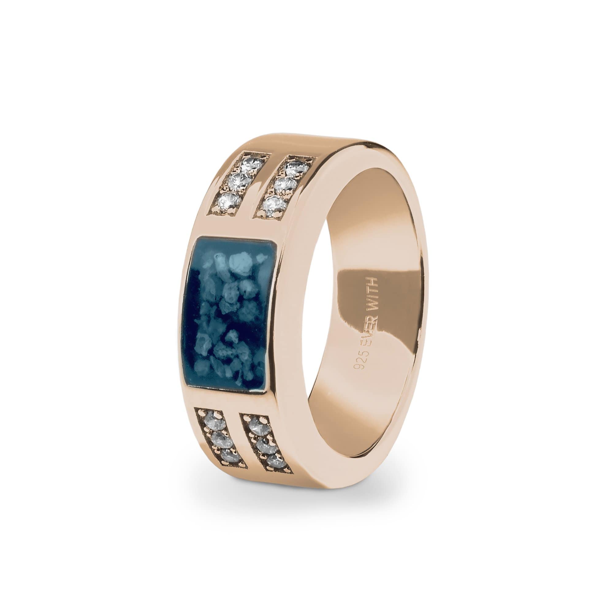 EverWith Gents Oblong Memorial Ashes Ring with Fine Crystals - 9k Rose Gold - Blue