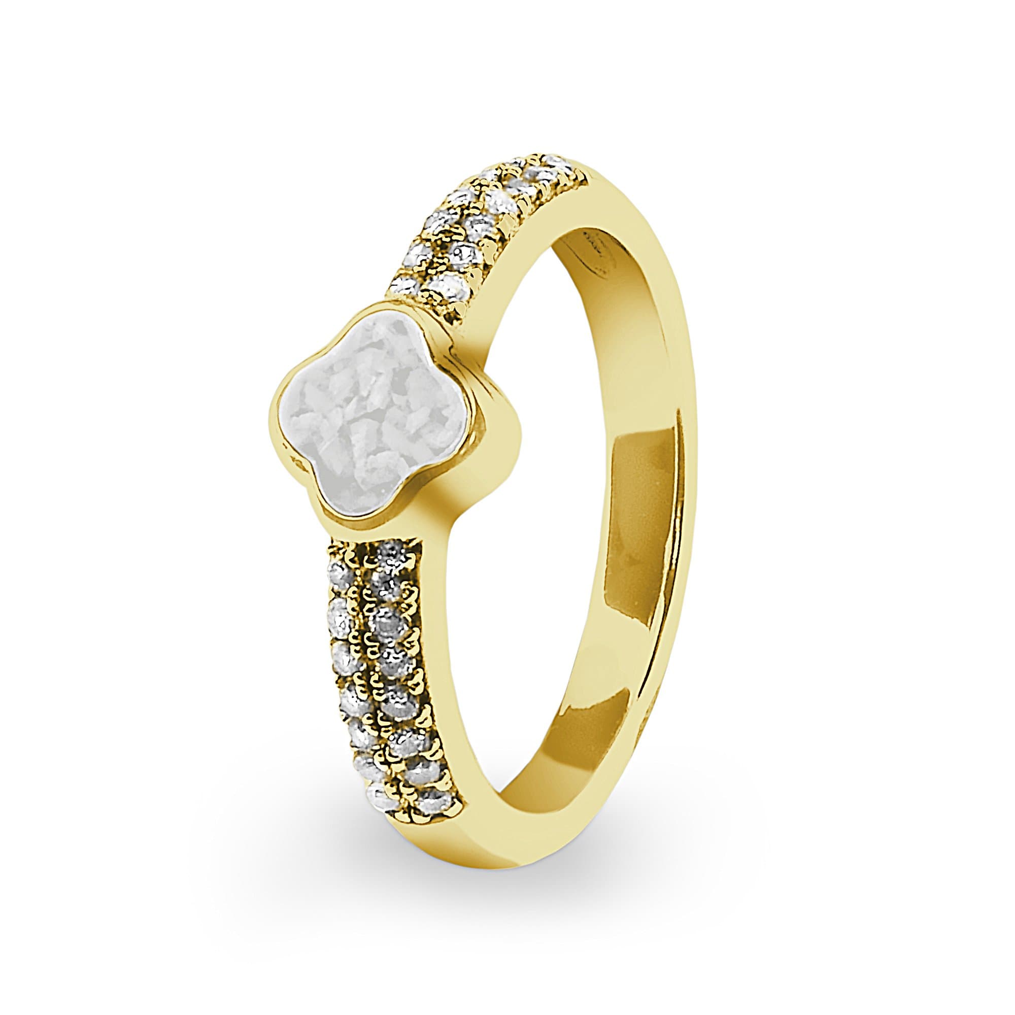 EverWith Ladies Clover Memorial Ashes Ring with Fine Crystals - 9k Yellow Gold - White