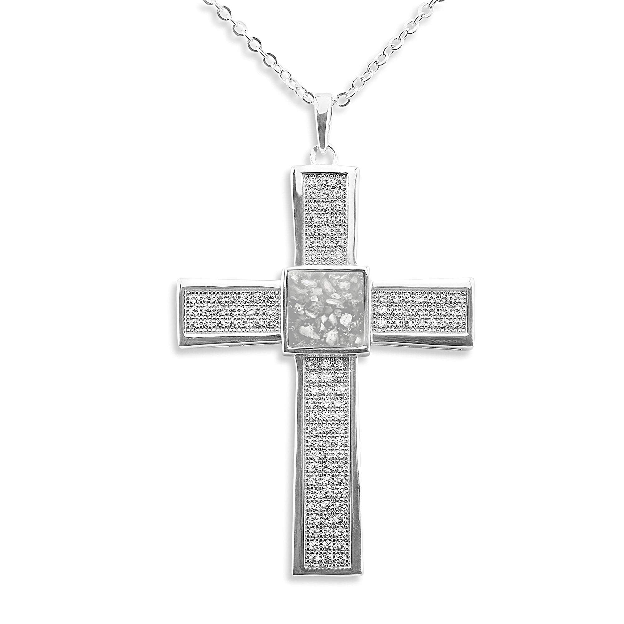 EverWith Gents Oversized Cross Memorial Ashes Pendant with Fine Crystals - Sterling Silver - White
