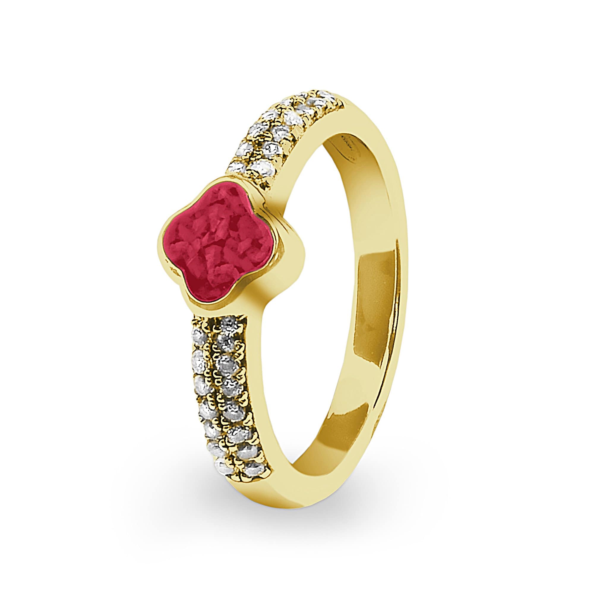 EverWith Ladies Clover Memorial Ashes Ring with Fine Crystals - 9k Yellow Gold - Red