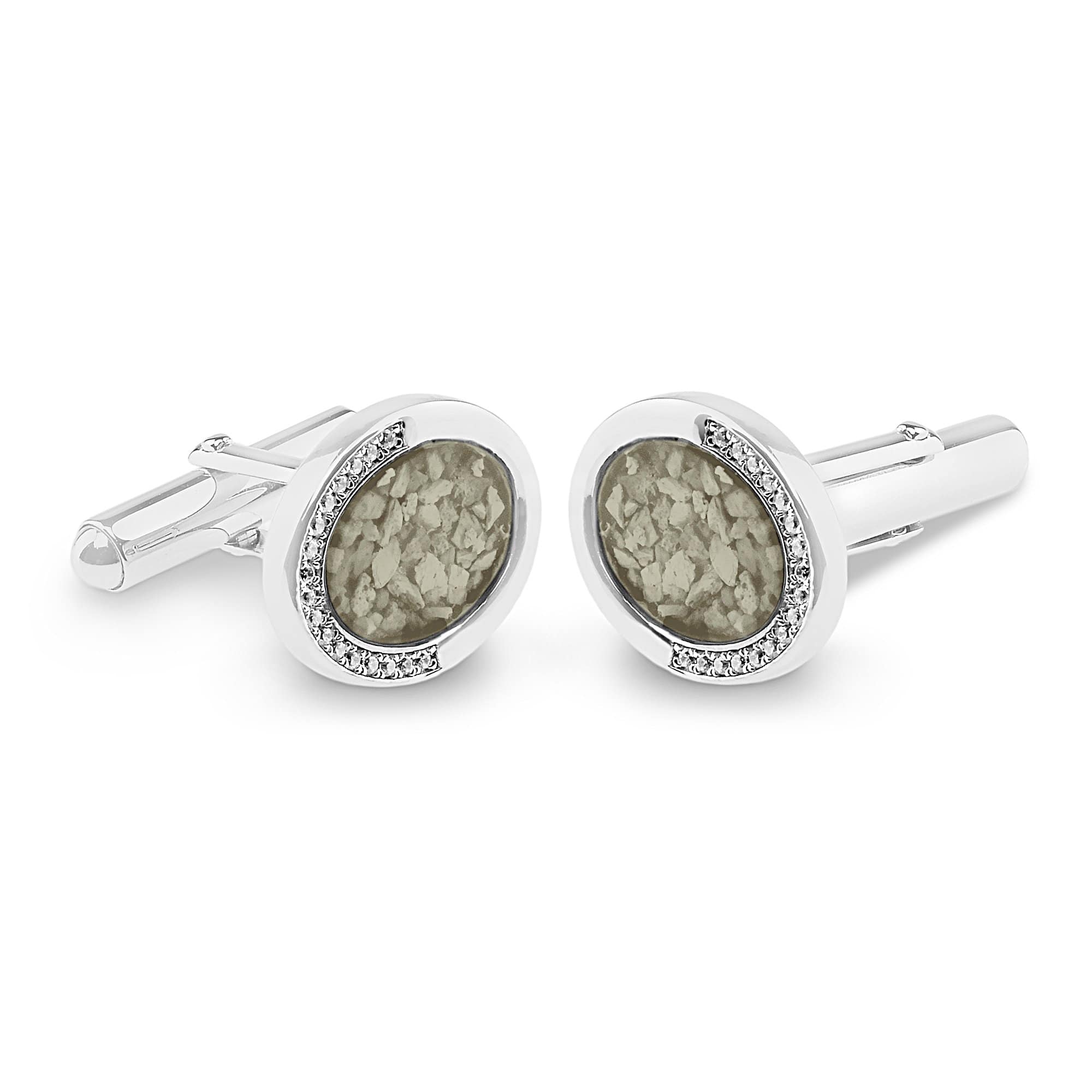 EverWith Gents Fancy Oval Memorial Ashes Cufflinks with Fine Crystals - Sterling Silver - Transparen