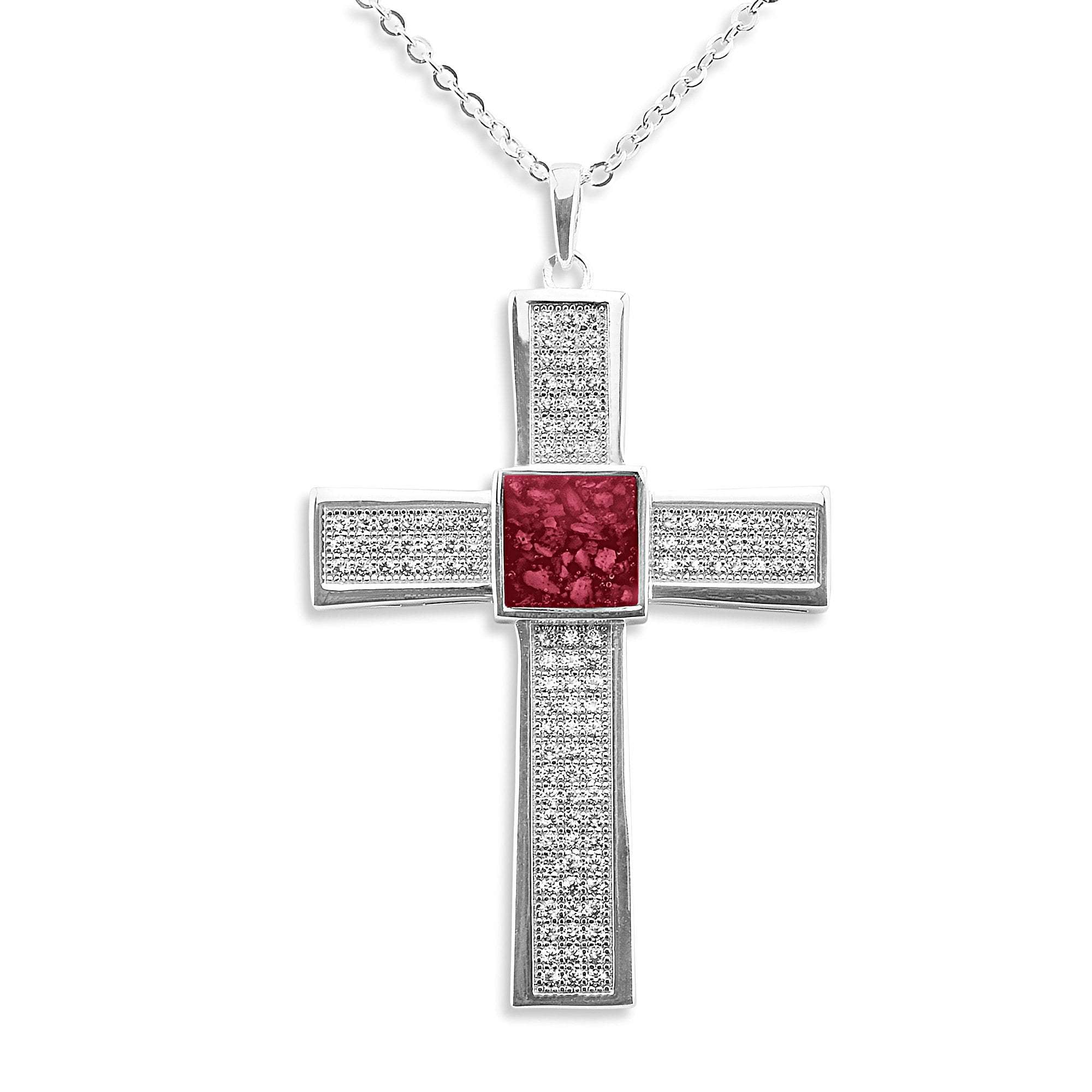 EverWith Gents Oversized Cross Memorial Ashes Pendant with Fine Crystals - Sterling Silver - Red