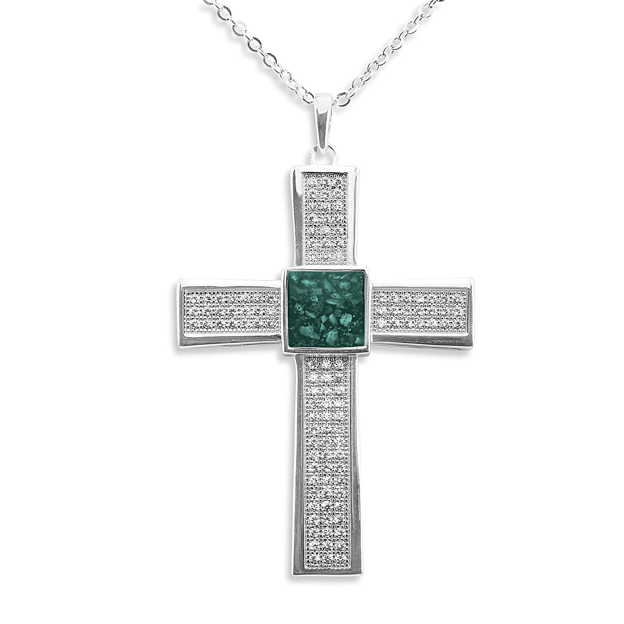 EverWith Gents Oversized Cross Memorial Ashes Pendant with Fine Crystals - Sterling Silver - Aqua