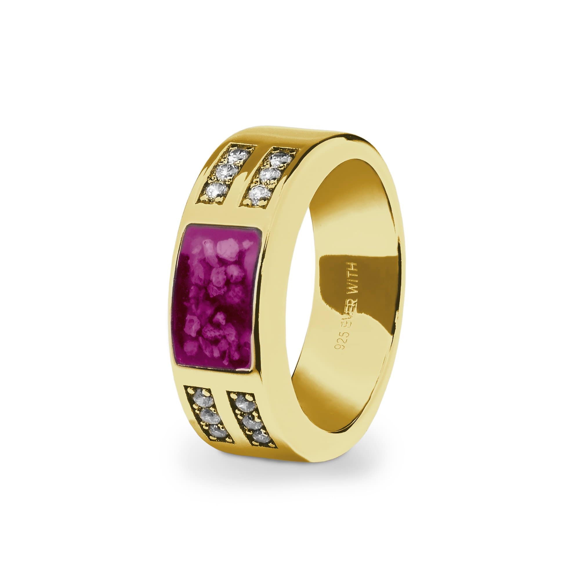 EverWith Gents Oblong Memorial Ashes Ring with Fine Crystals - 9k Yellow Gold - Violet