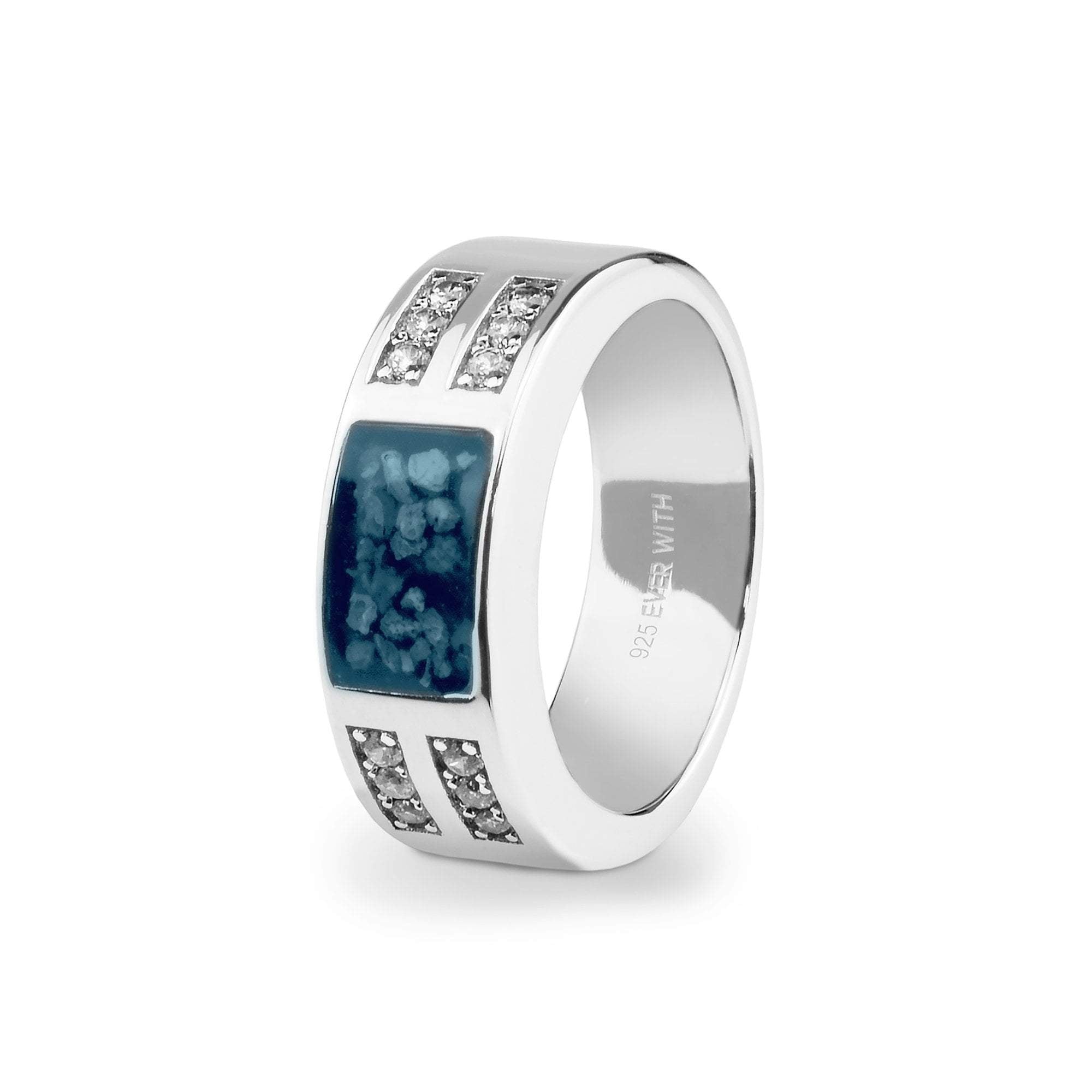 EverWith Gents Oblong Memorial Ashes Ring with Fine Crystals - Sterling Silver - Blue