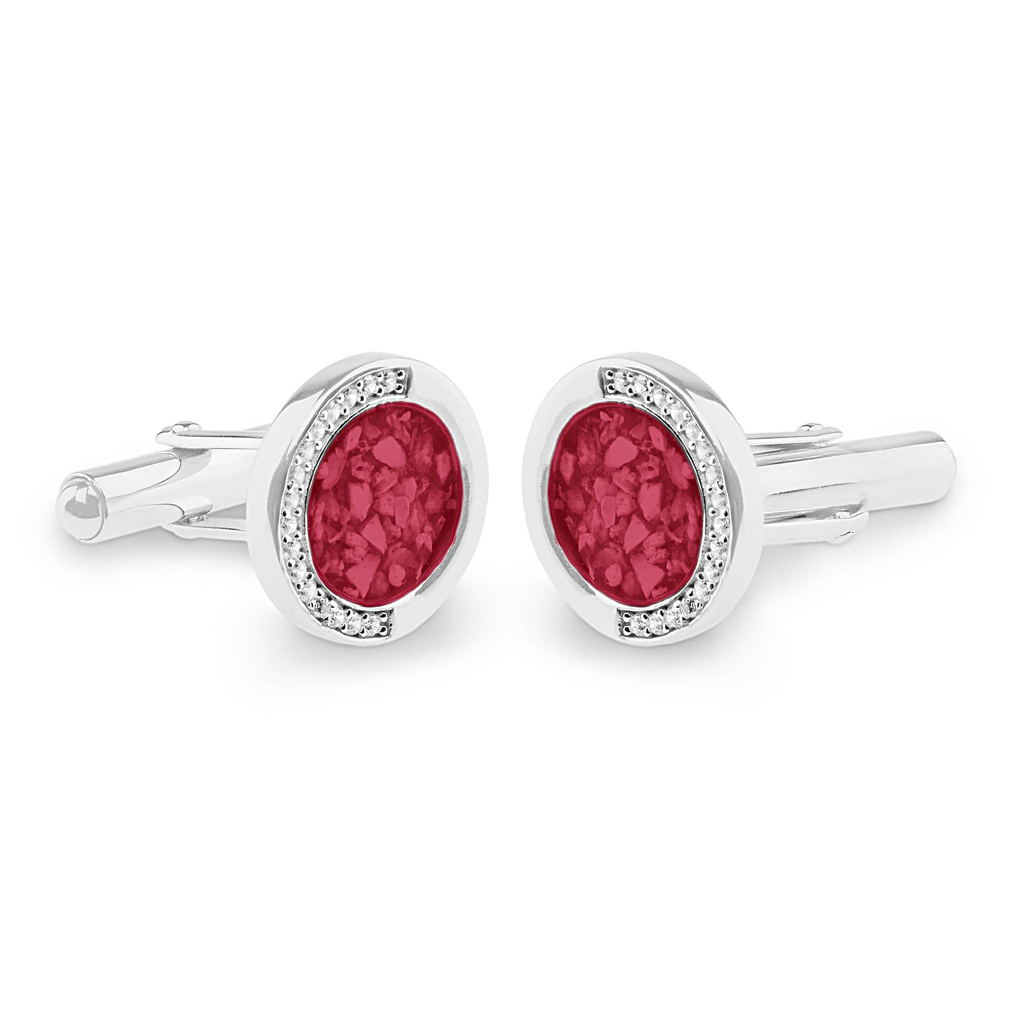 EverWith Gents Fancy Round Memorial Ashes Cufflinks with Fine Crystals - Sterling Silver - Red