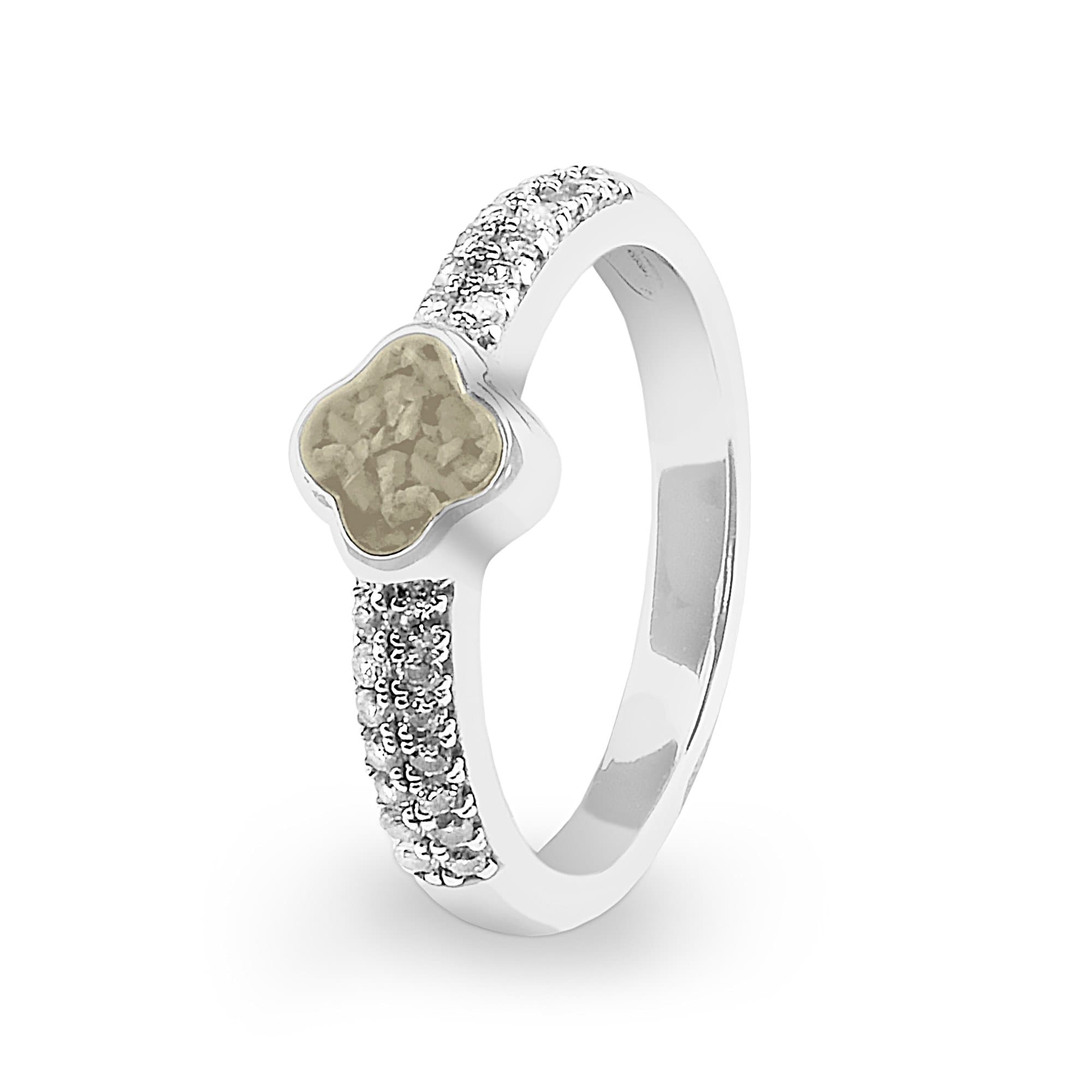 EverWith Ladies Clover Memorial Ashes Ring with Fine Crystals - Sterling Silver - Transparent