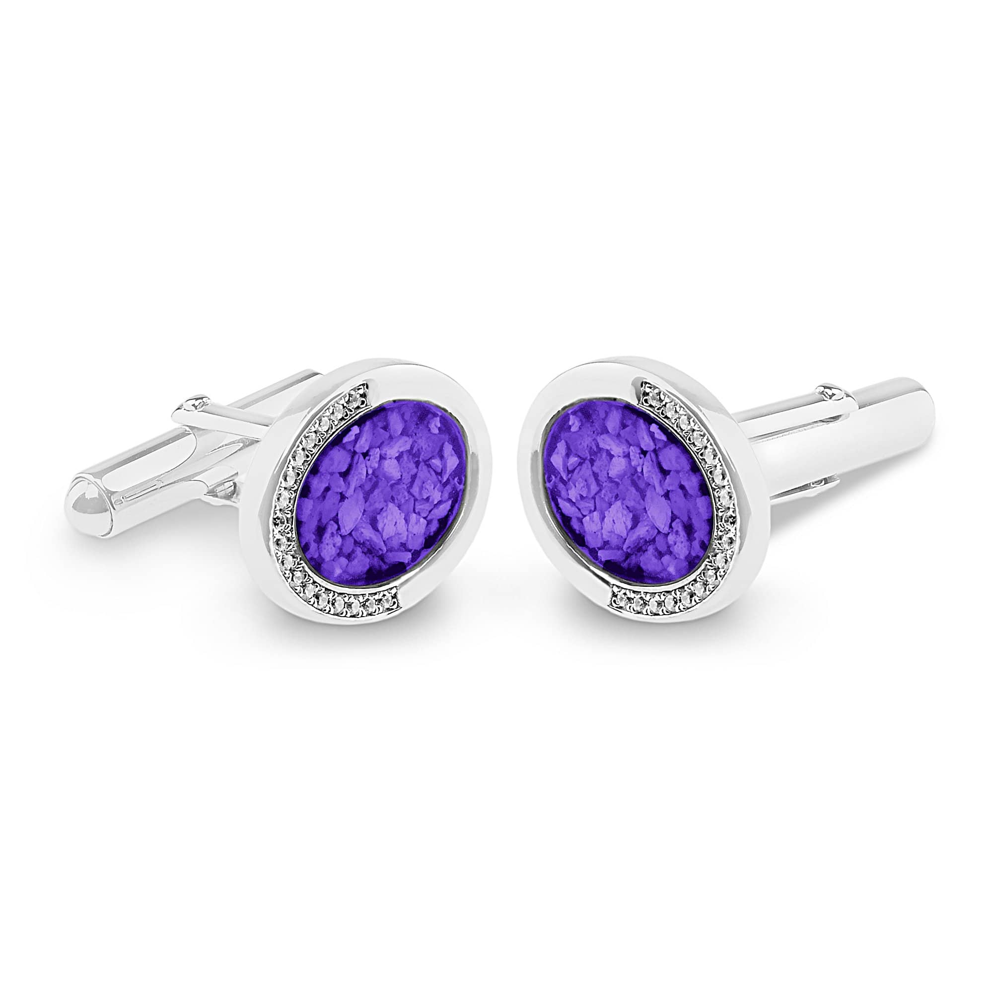 EverWith Gents Fancy Oval Memorial Ashes Cufflinks with Fine Crystals - Sterling Silver - Purple