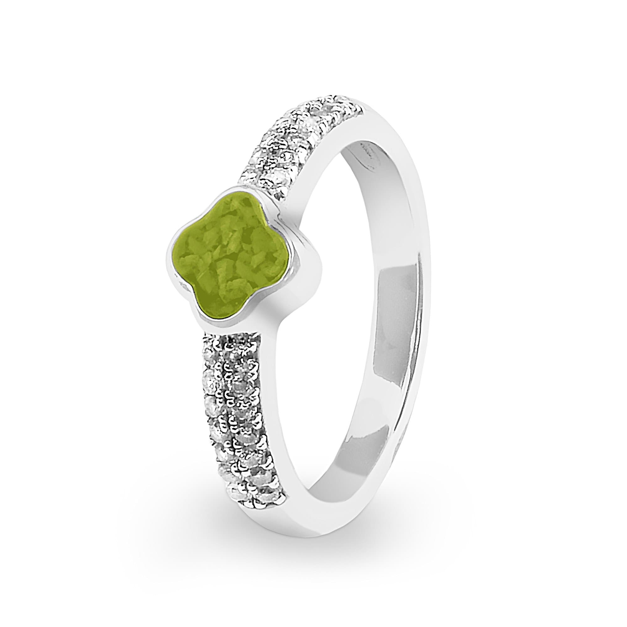 EverWith Ladies Clover Memorial Ashes Ring with Fine Crystals - Sterling Silver - Green