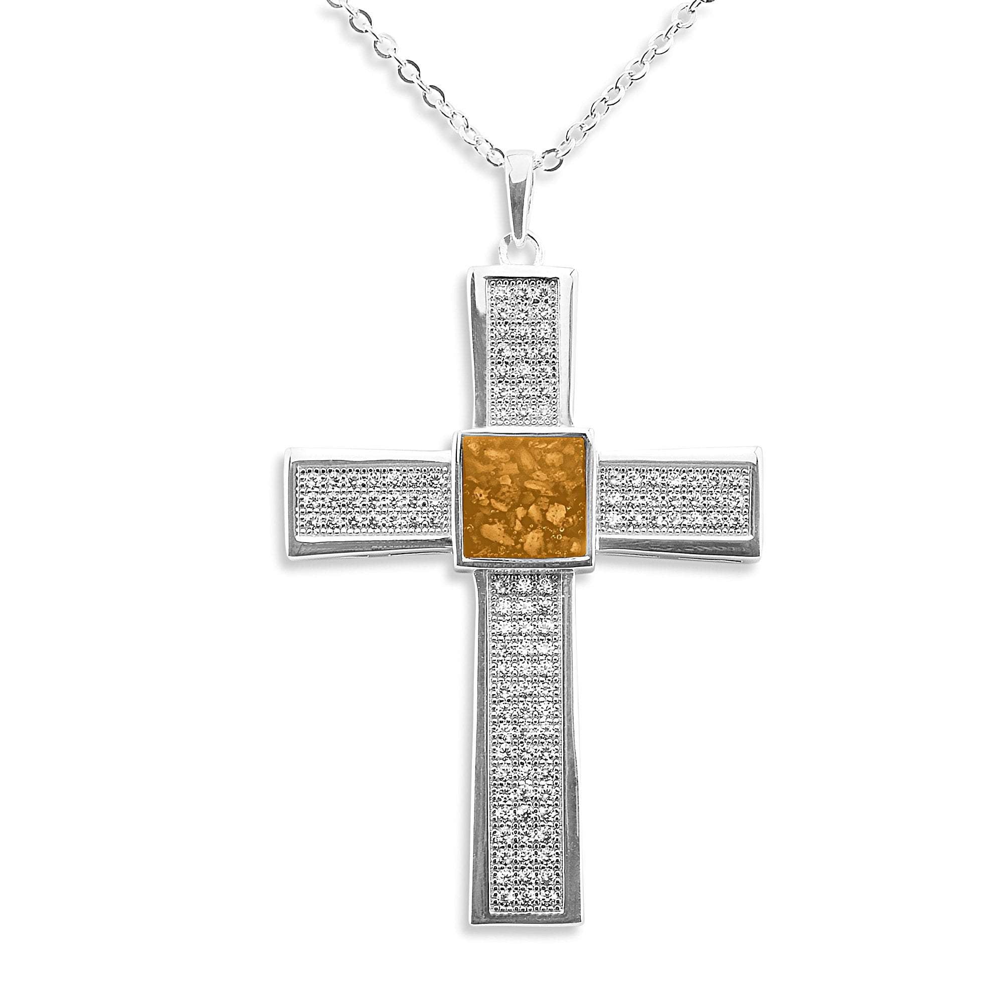 EverWith Gents Oversized Cross Memorial Ashes Pendant with Fine Crystals - Sterling Silver - Orange