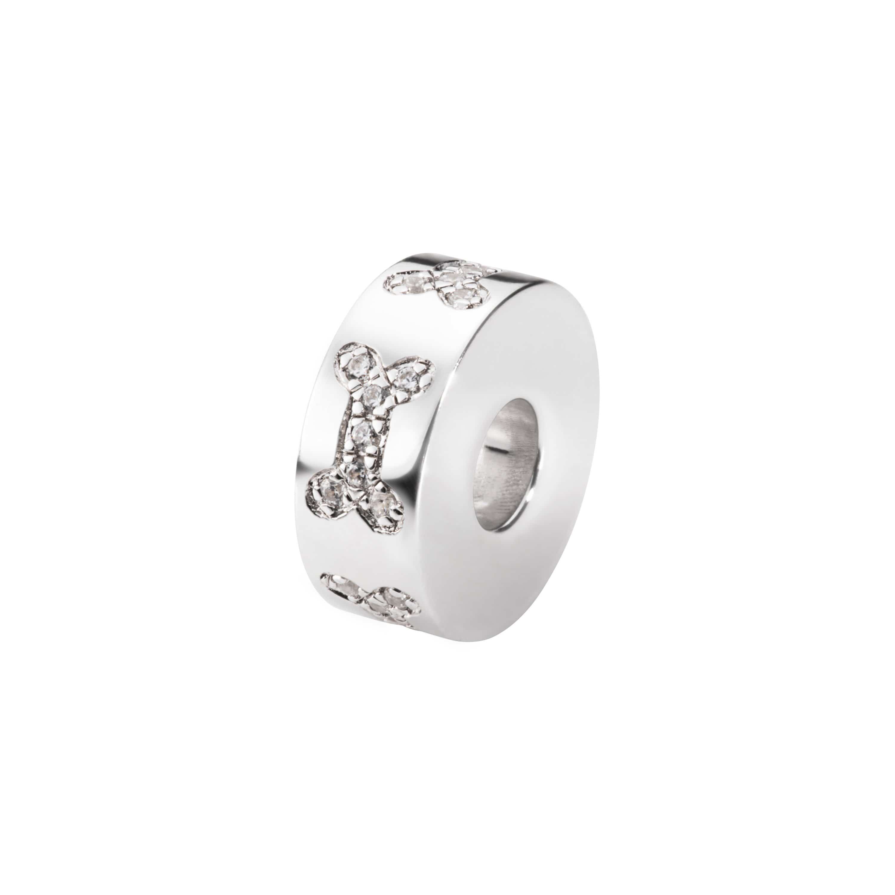 EW-SFC-1211 - EverWith Self-fill Round Dog Bone MemorialAshes Charm Bead with Crystals -Silver