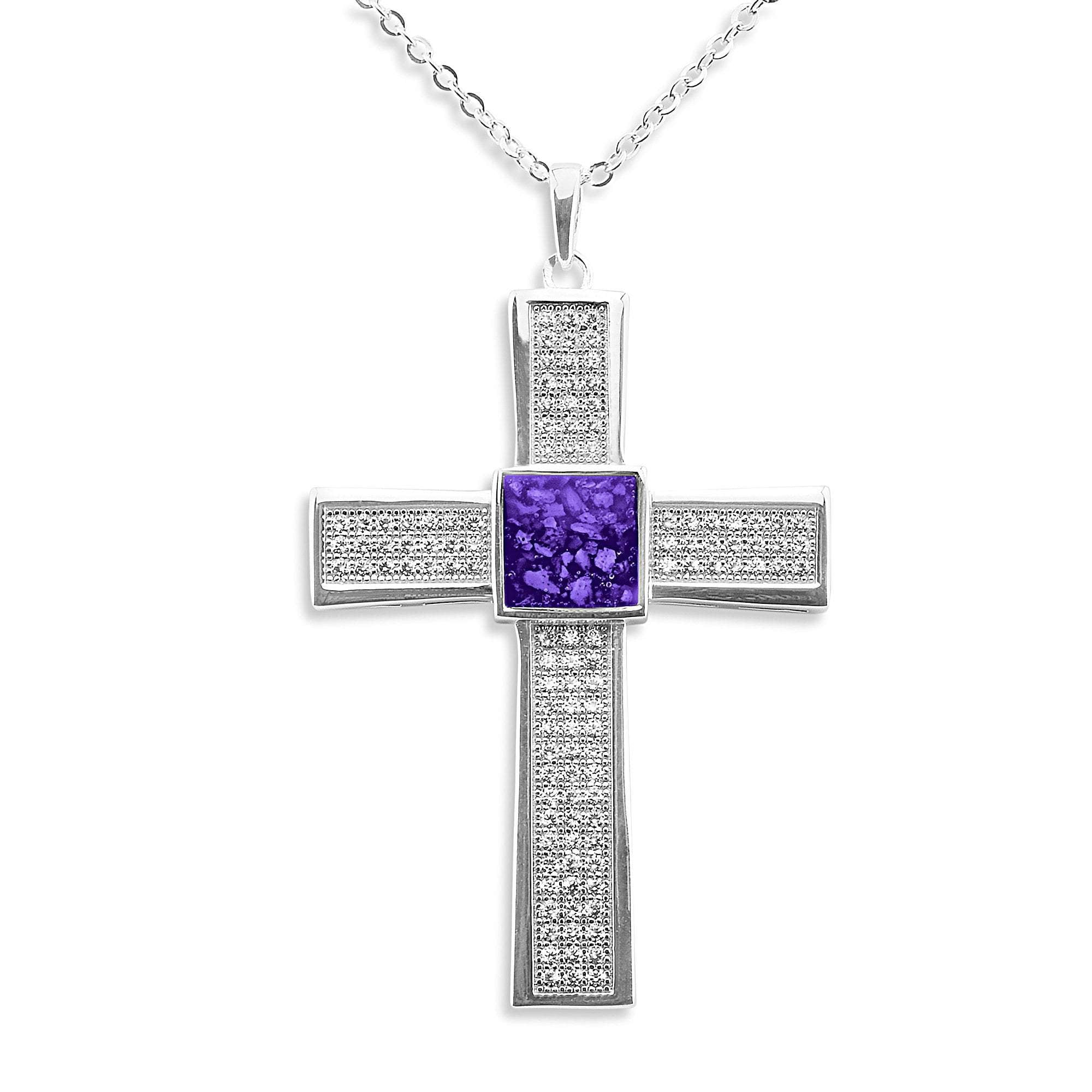EverWith Gents Oversized Cross Memorial Ashes Pendant with Fine Crystals - Sterling Silver - Purple
