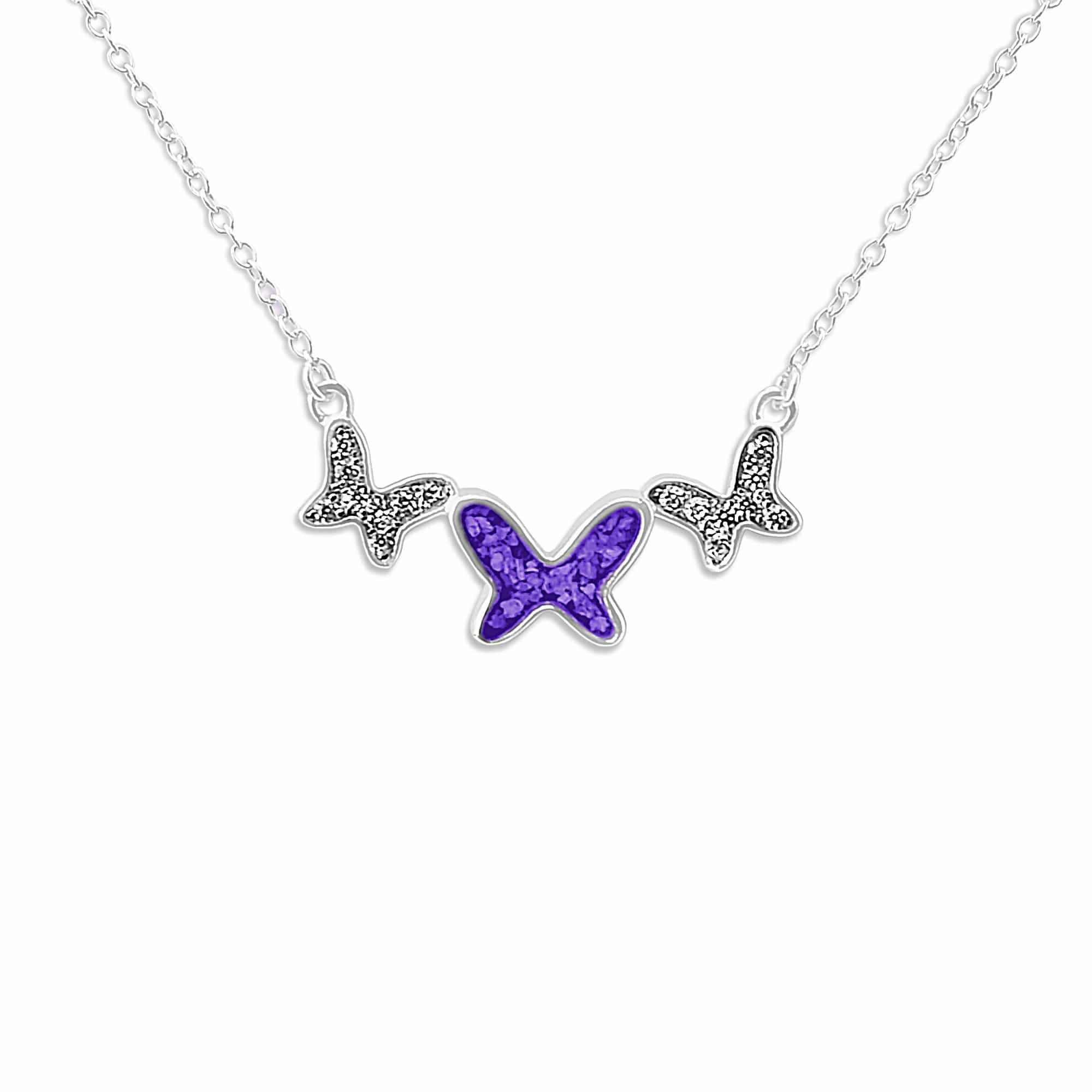 EverWith Ladies Butterflies Memorial Ashes Necklace with Fine Crystals - Sterling Silver - Purple
