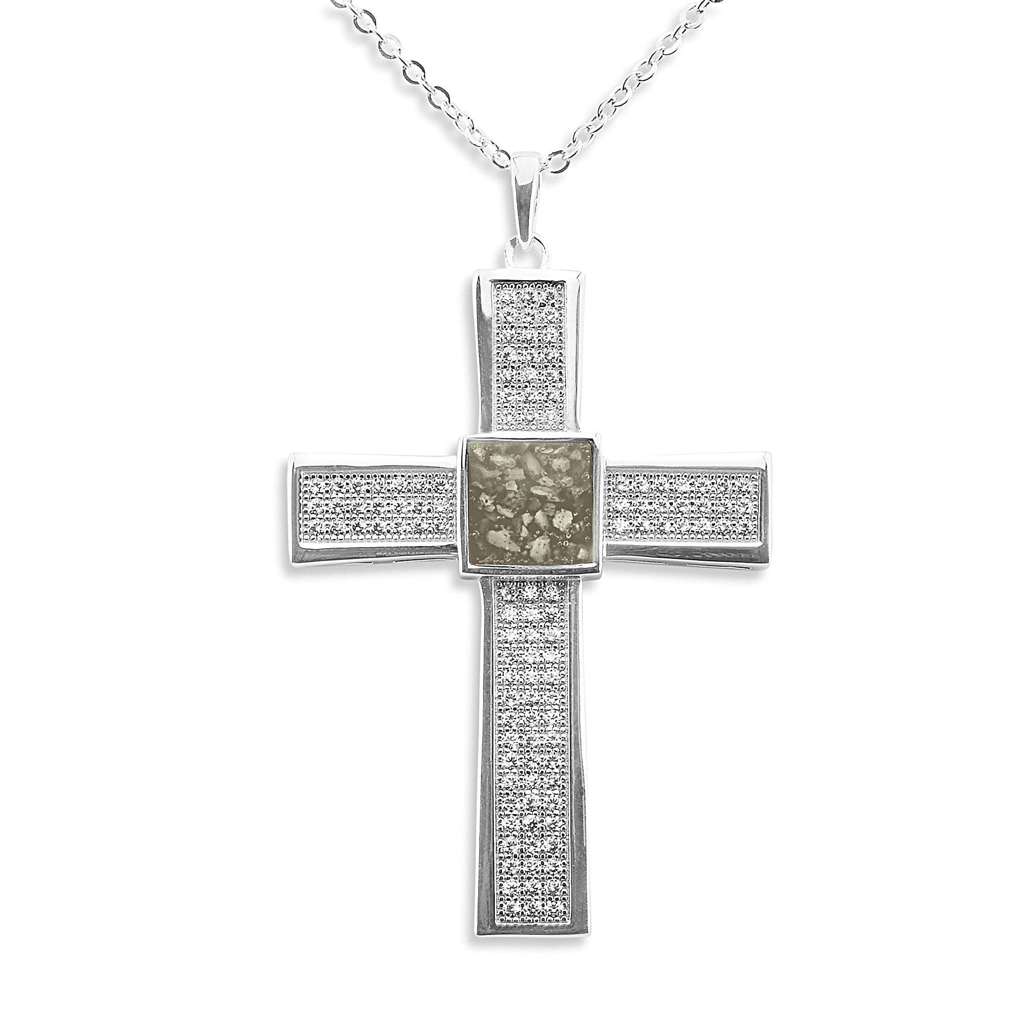 EverWith Gents Oversized Cross Memorial Ashes Pendant with Fine Crystals - Sterling Silver - Transpa