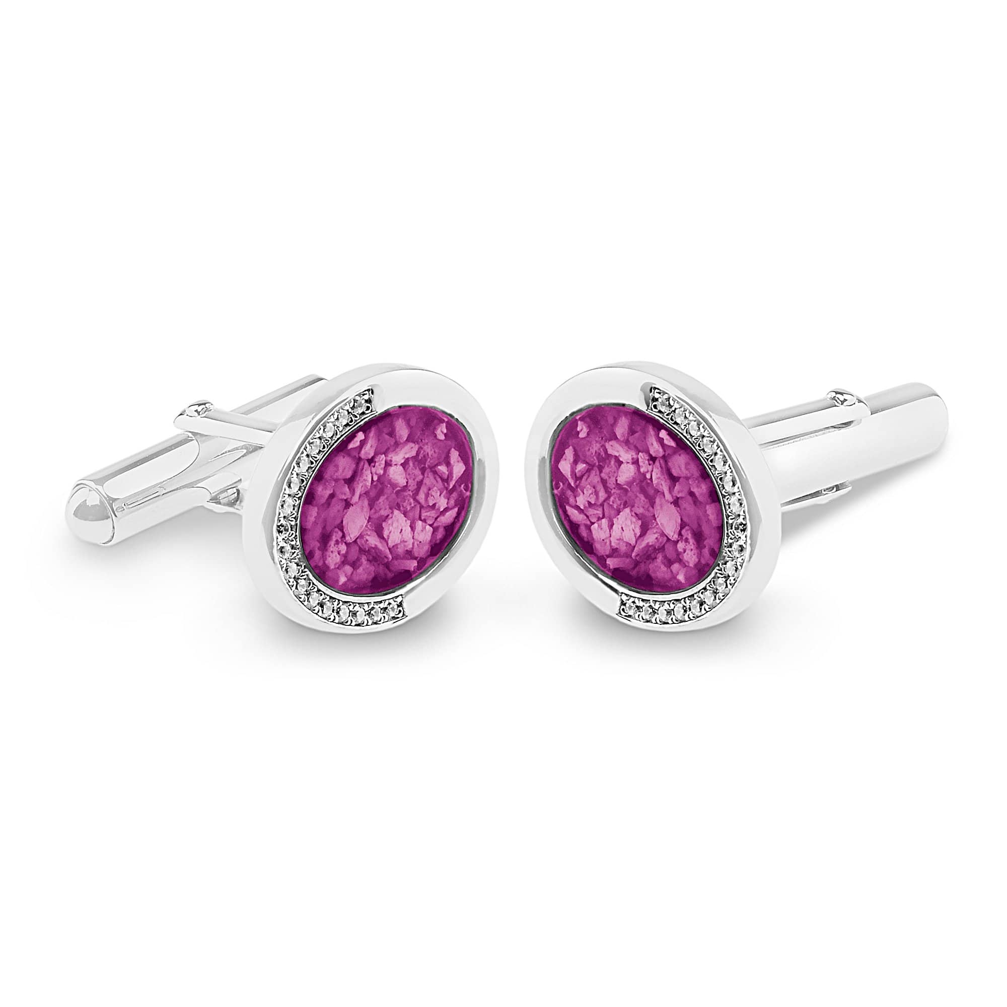 EverWith Gents Fancy Oval Memorial Ashes Cufflinks with Fine Crystals - Sterling Silver - Pink