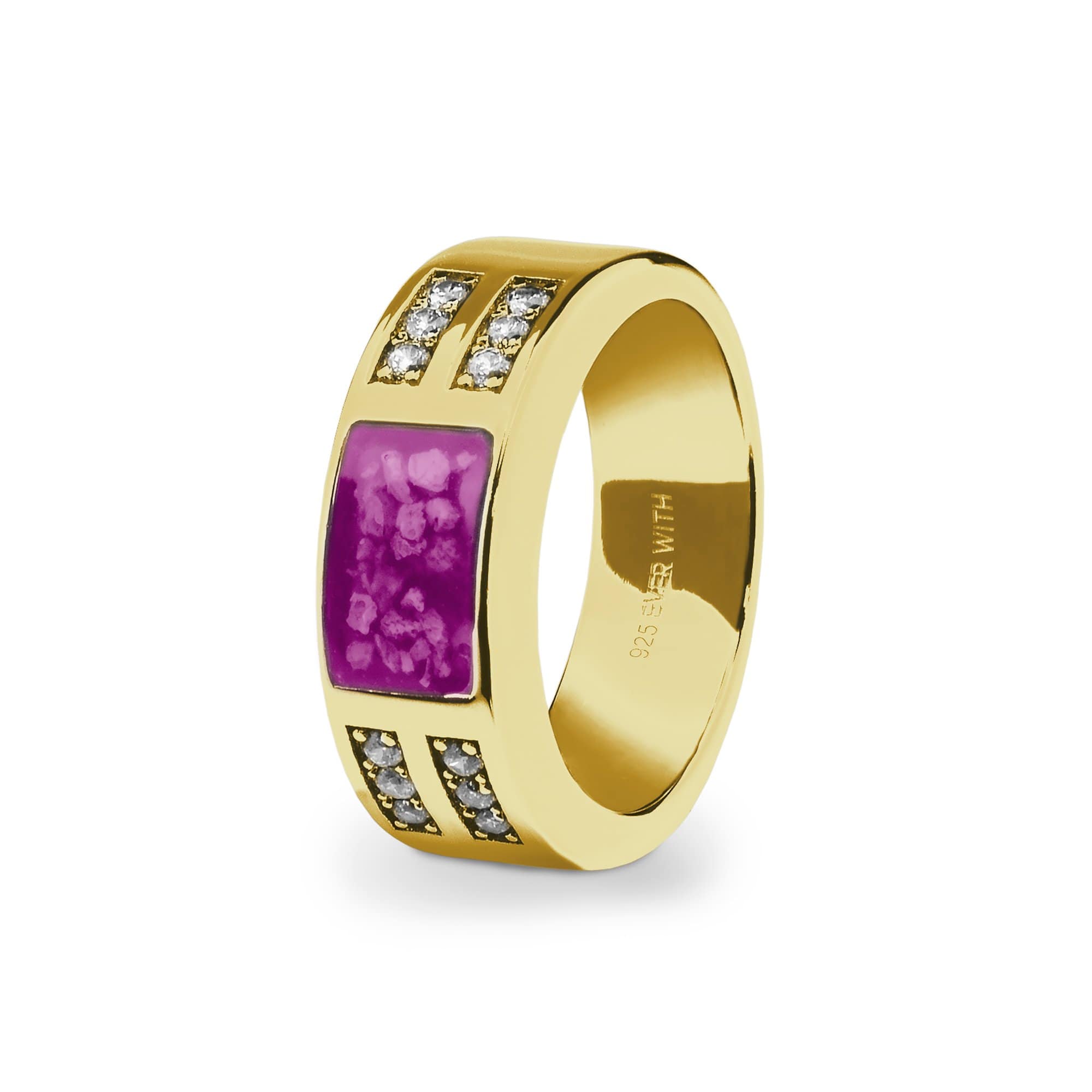 EverWith Gents Oblong Memorial Ashes Ring with Fine Crystals - 9k Yellow Gold - Pink