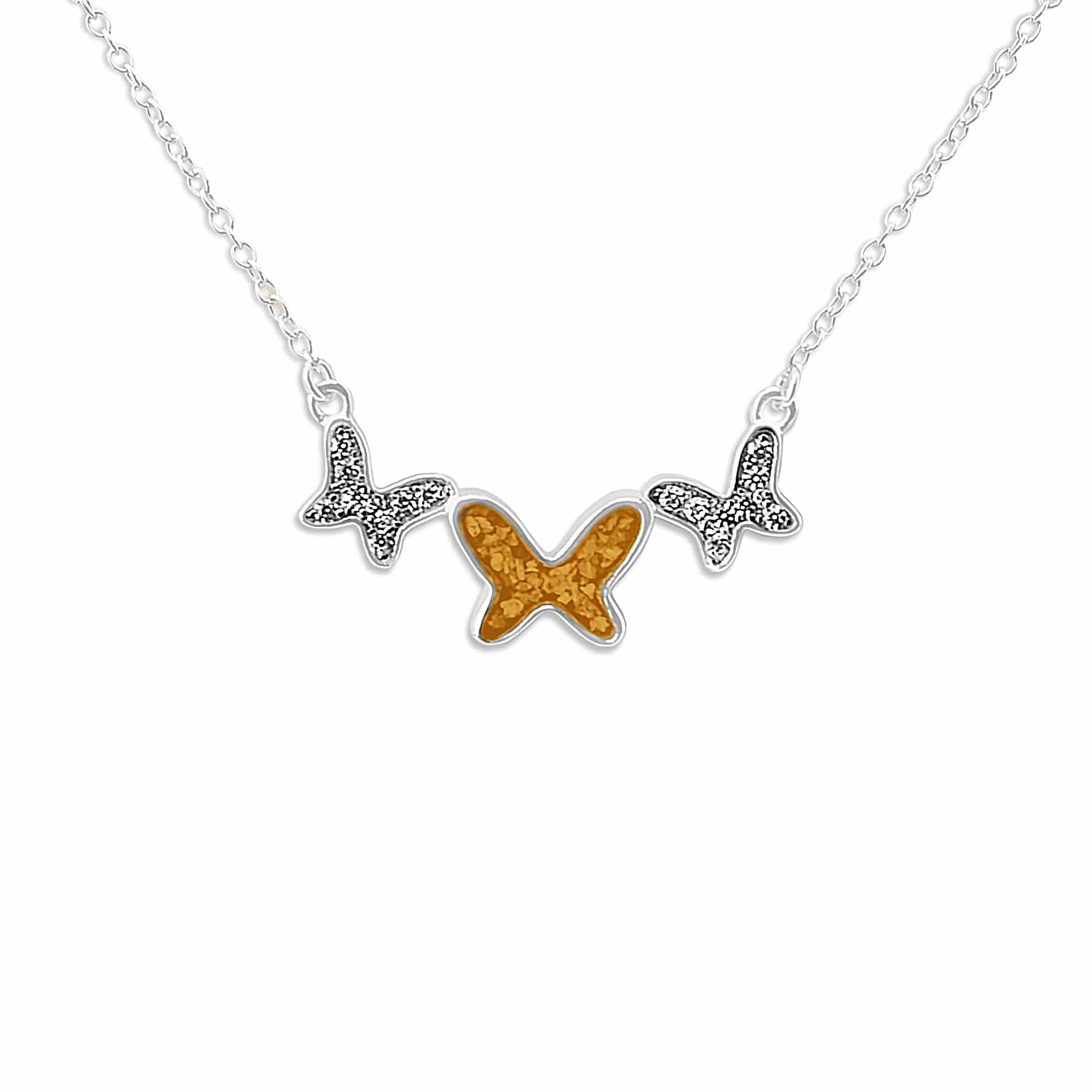 EverWith Ladies Butterflies Memorial Ashes Necklace with Fine Crystals - Sterling Silver - Orange