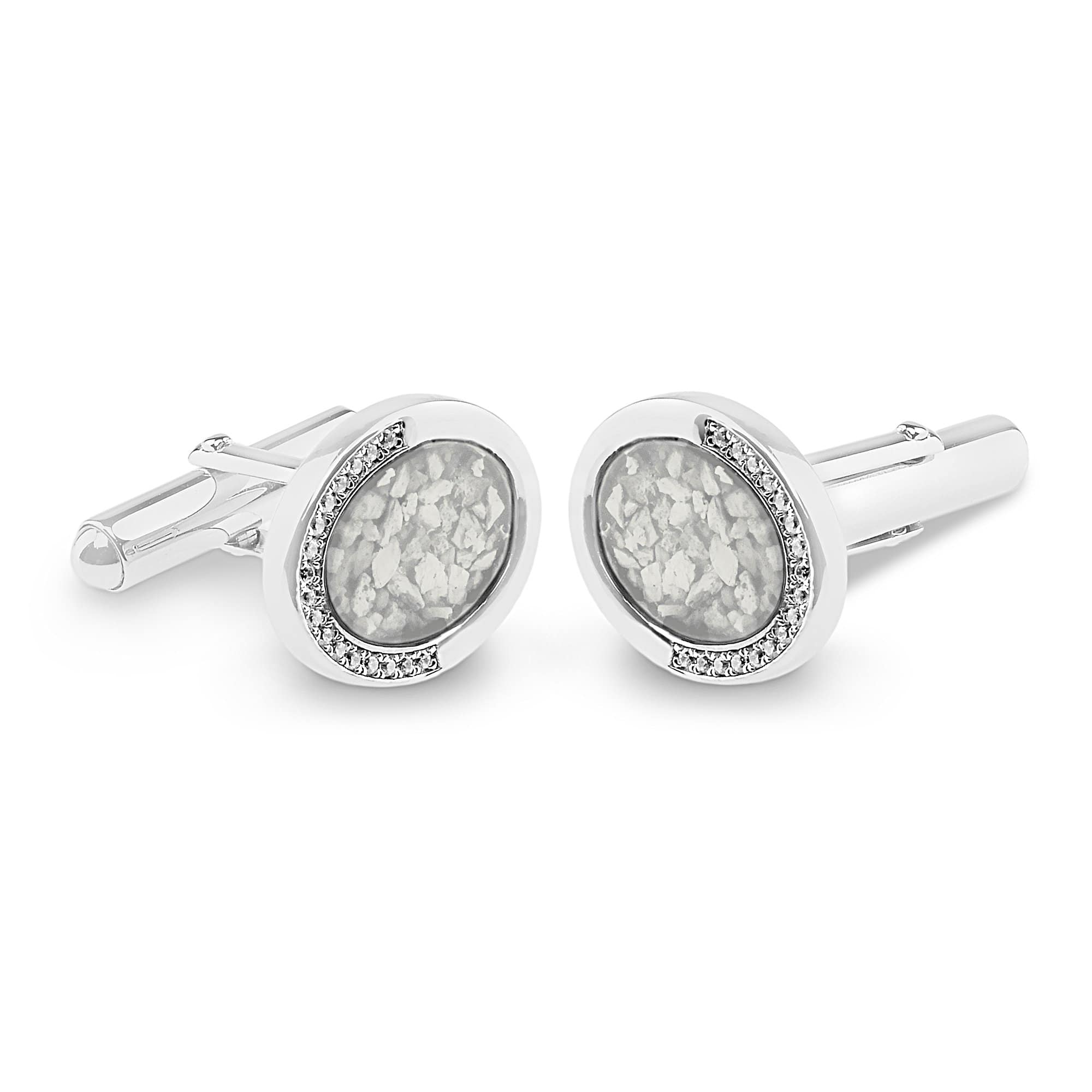 EverWith Gents Fancy Oval Memorial Ashes Cufflinks with Fine Crystals - Sterling Silver - White