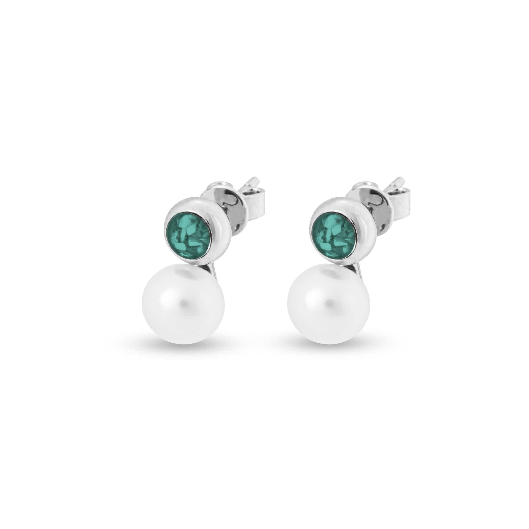 EverWith Ladies Rondure Pearl Memorial Ashes Earrings - Sterling Silver - Aqua
