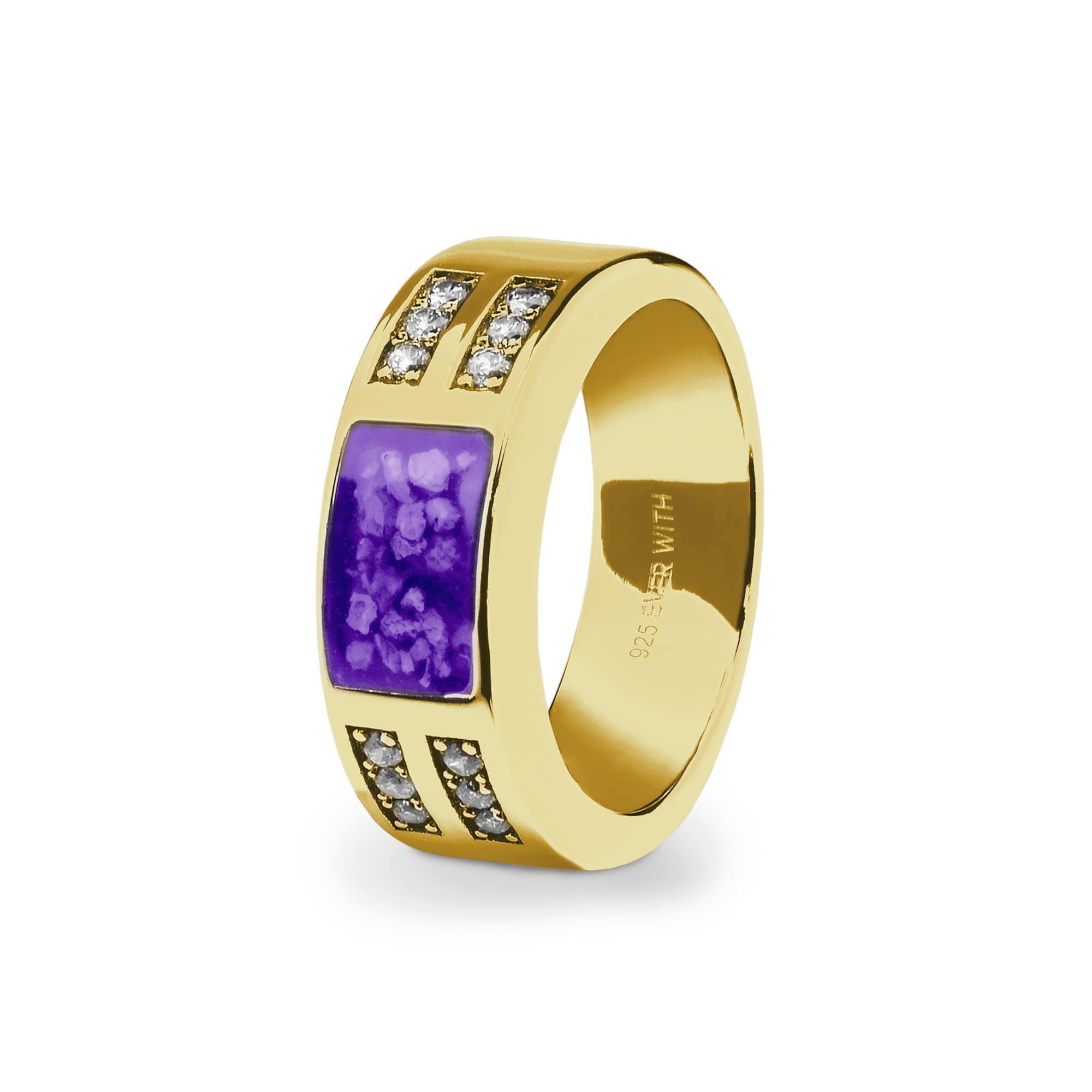 EverWith Gents Oblong Memorial Ashes Ring with Fine Crystals - 9k Yellow Gold - Purple