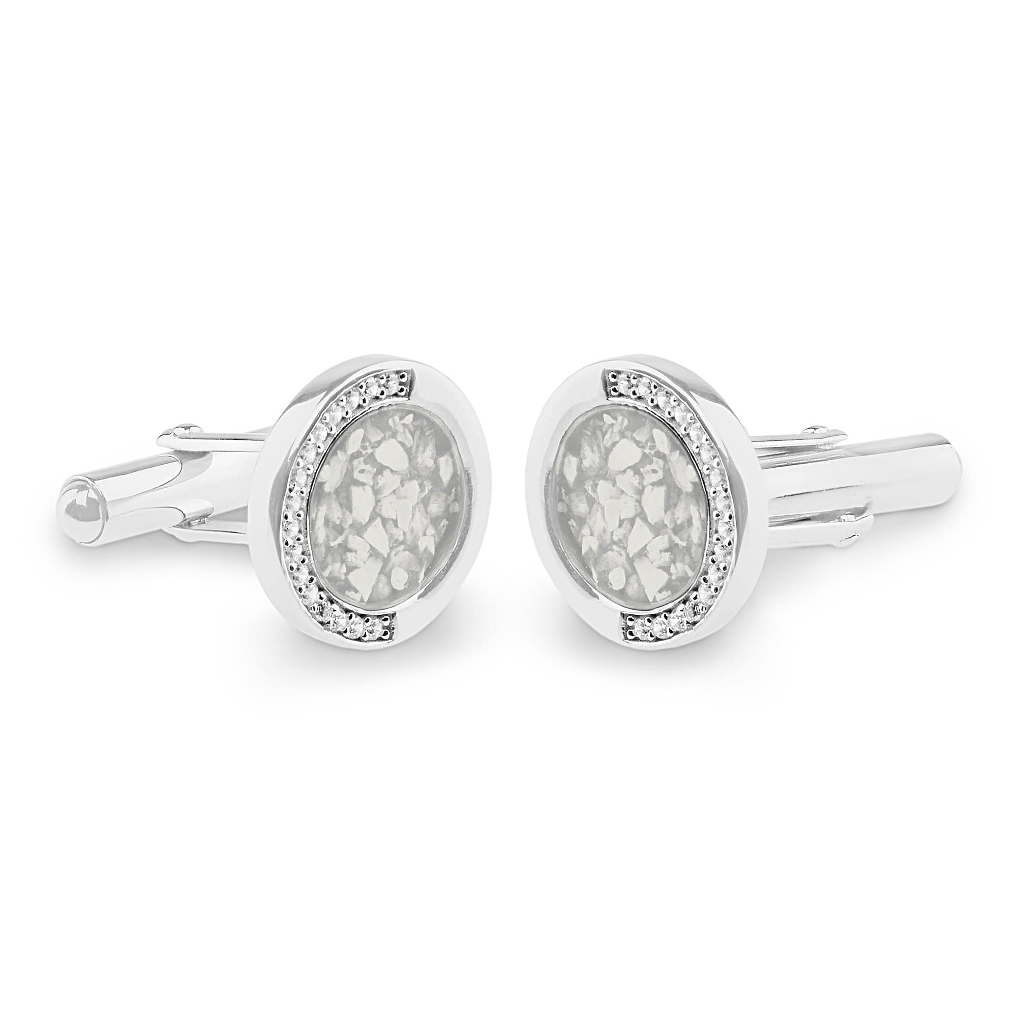 EverWith Gents Fancy Round Memorial Ashes Cufflinks with Fine Crystals - Sterling Silver - White