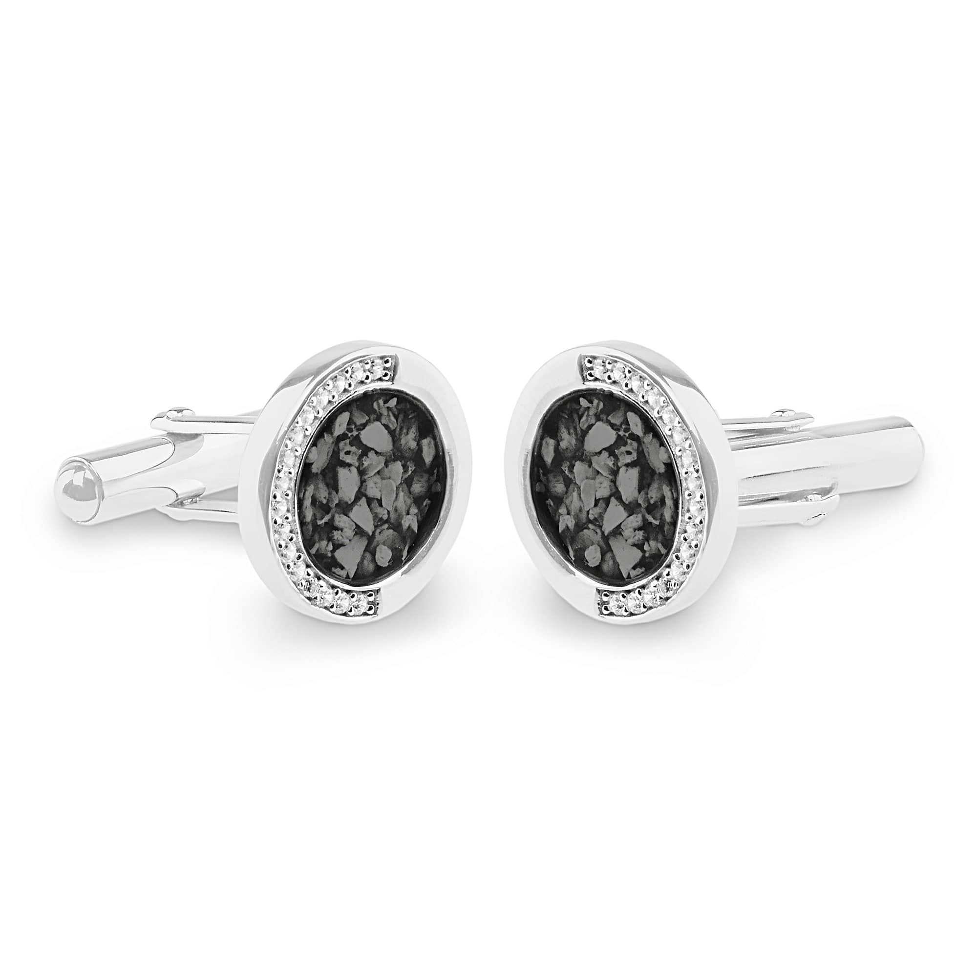 EverWith Gents Fancy Round Memorial Ashes Cufflinks with Fine Crystals - Sterling Silver - Black
