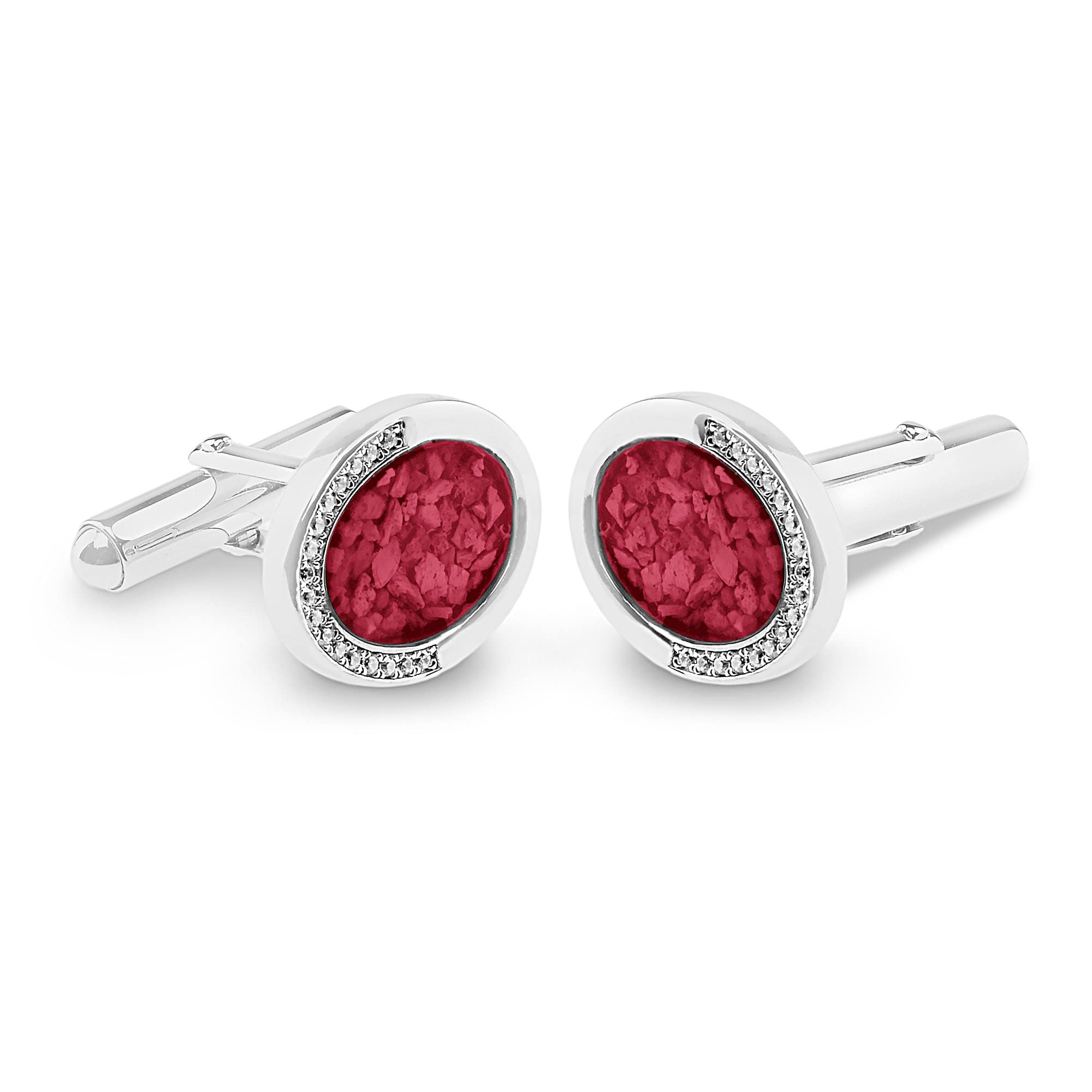 EverWith Gents Fancy Oval Memorial Ashes Cufflinks with Fine Crystals - Sterling Silver - Red