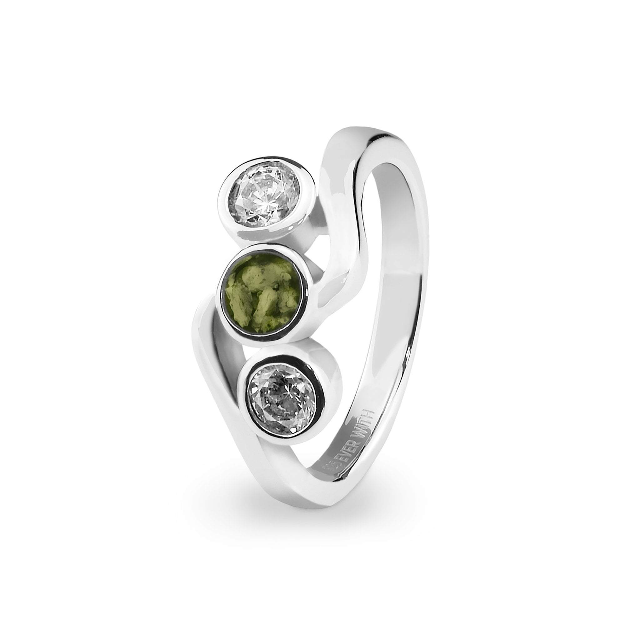 EverWith Ladies Three Of Us Memorial Ashes Ring with Fine Crystals - 9k White Gold - Green