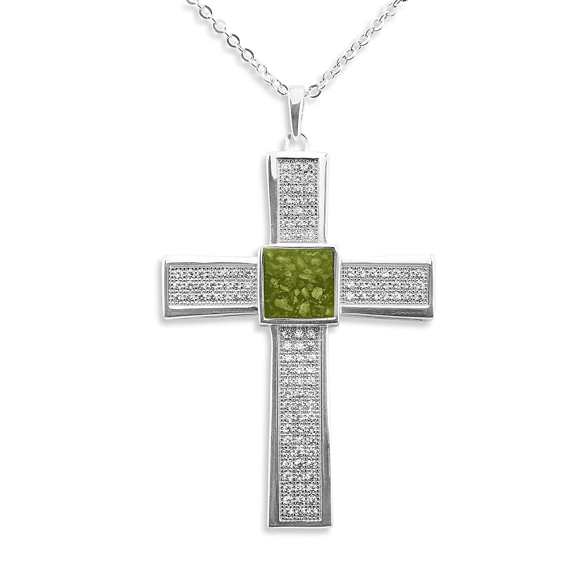 EverWith Gents Oversized Cross Memorial Ashes Pendant with Fine Crystals - Sterling Silver - Green
