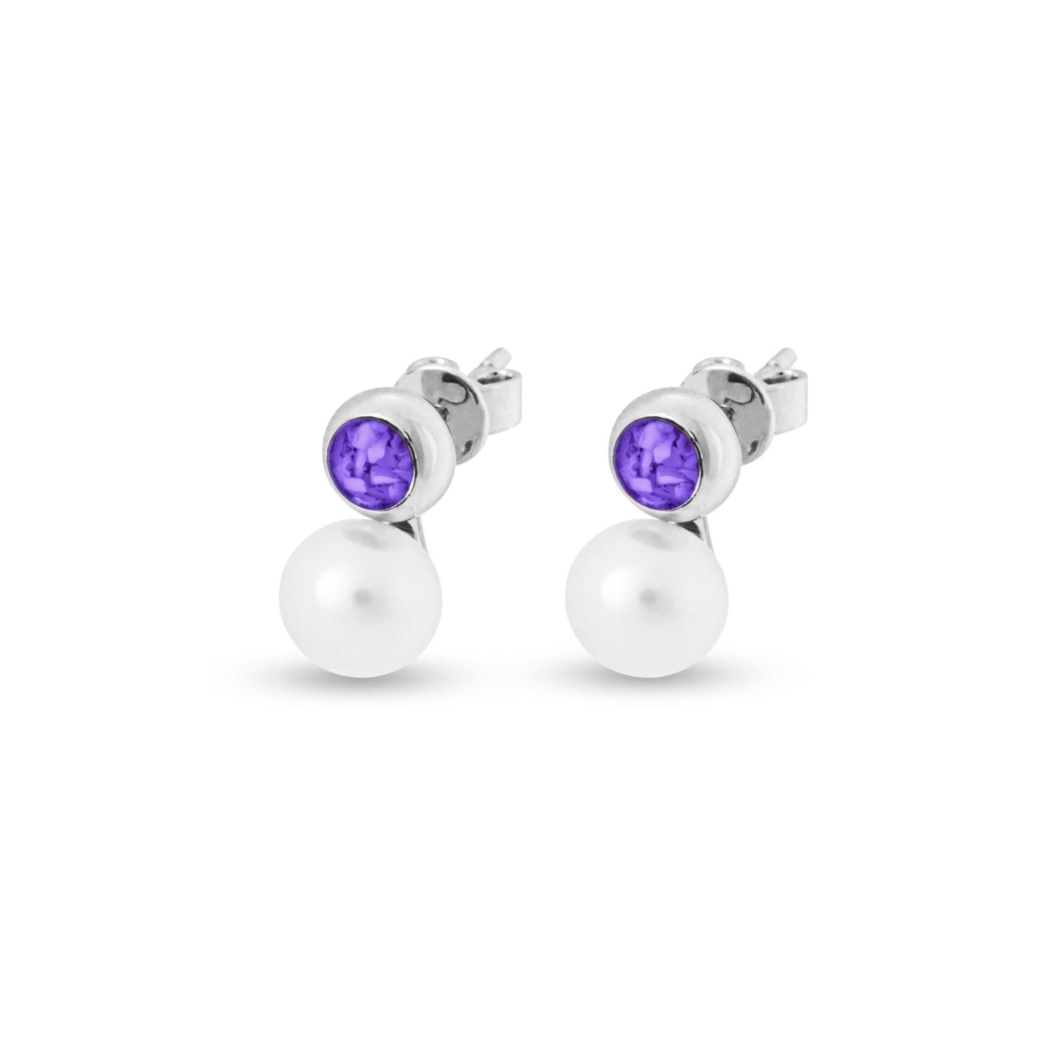 EverWith Ladies Rondure Pearl Memorial Ashes Earrings - Sterling Silver - Purple