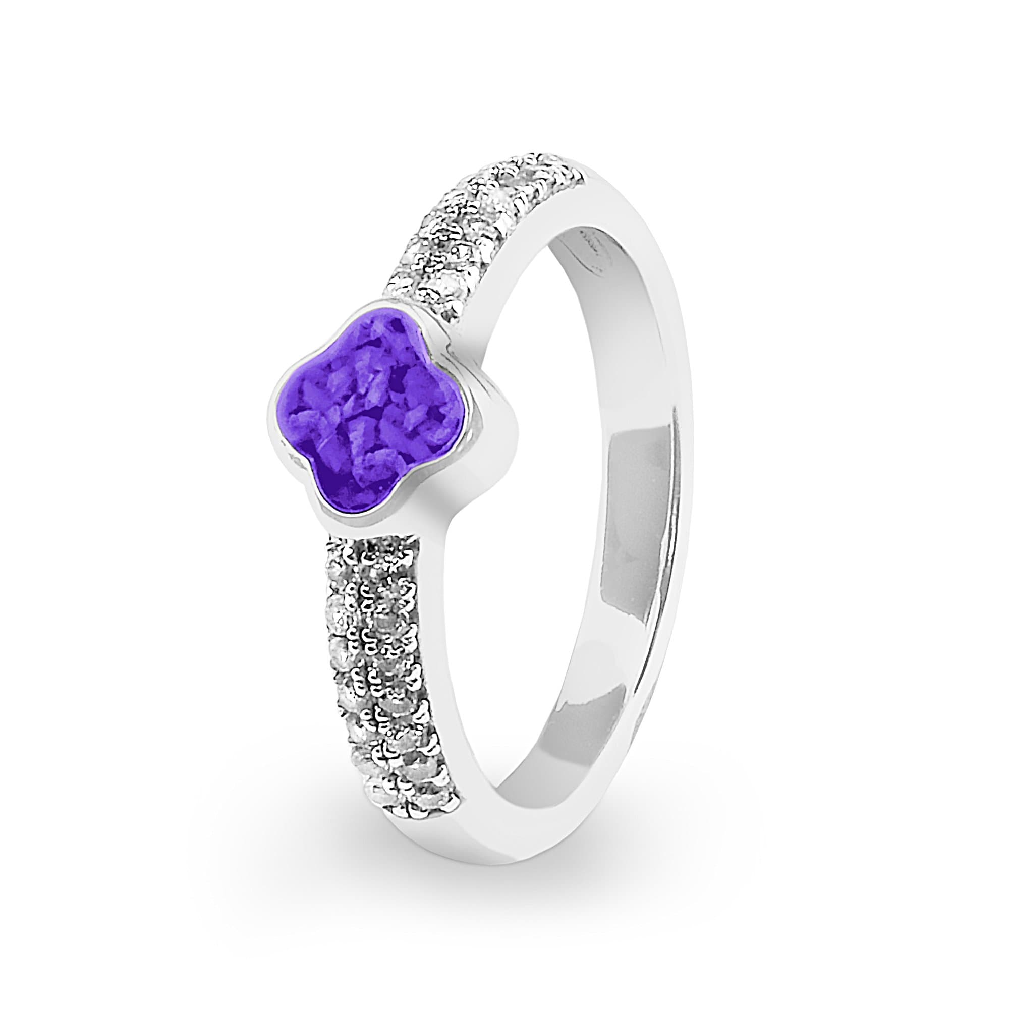 EverWith Ladies Clover Memorial Ashes Ring with Fine Crystals - 9k White Gold - Purple