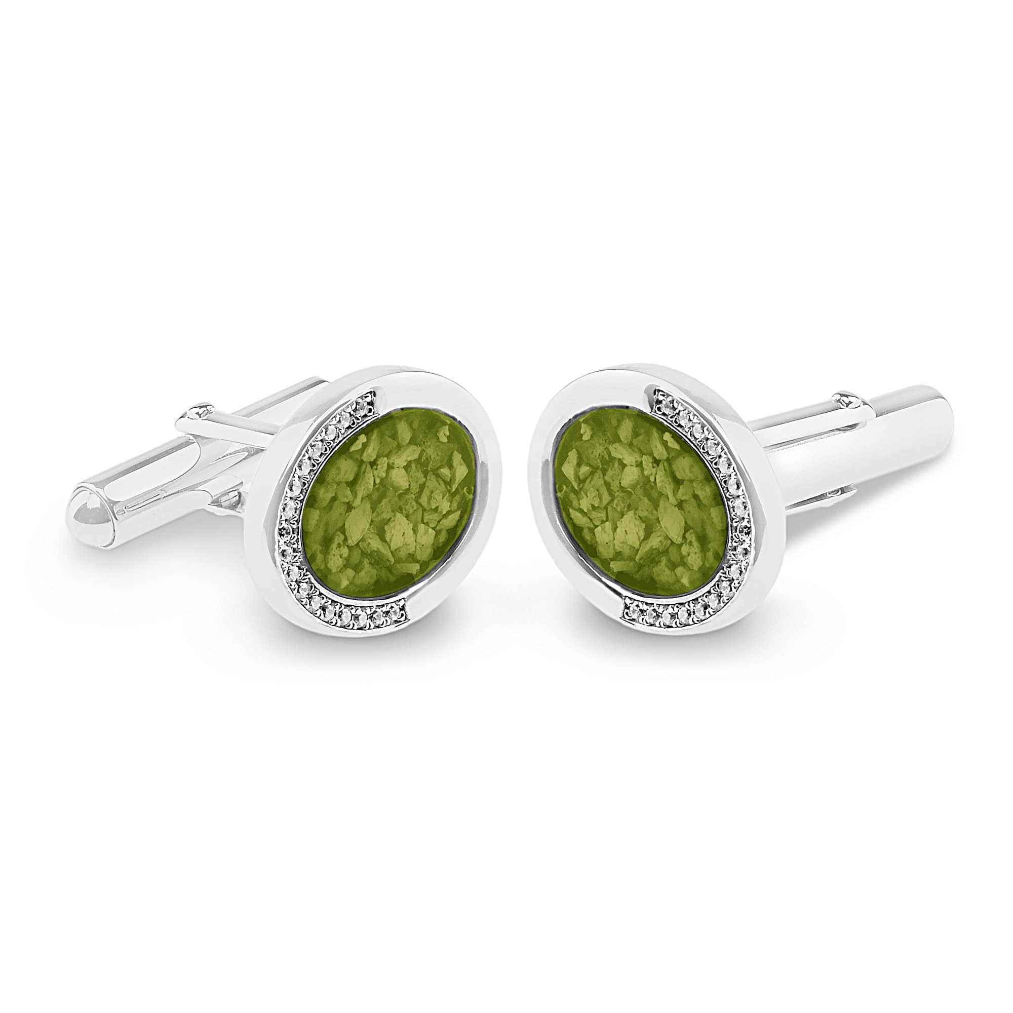 EverWith Gents Fancy Oval Memorial Ashes Cufflinks with Fine Crystals - Sterling Silver - Green