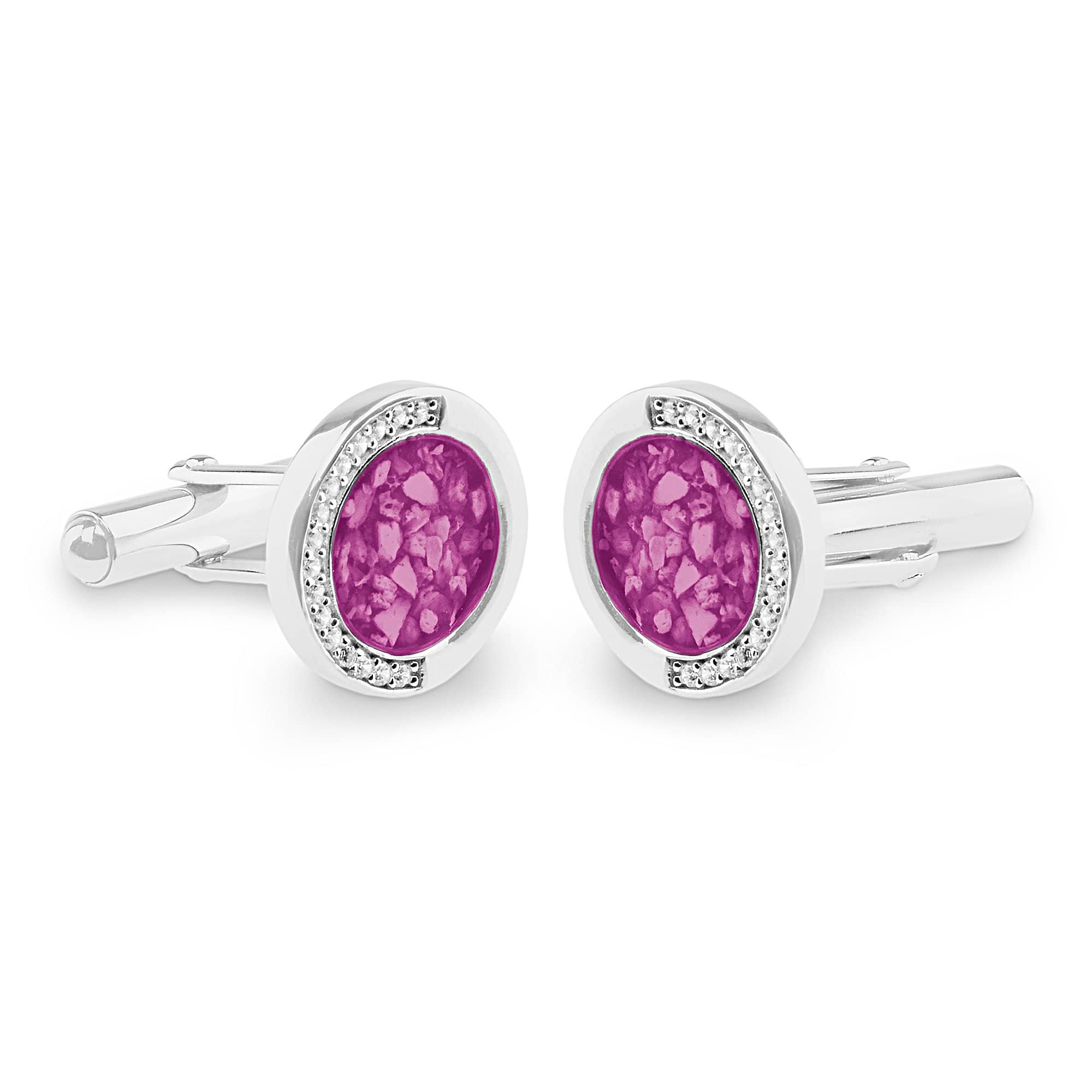 EverWith Gents Fancy Round Memorial Ashes Cufflinks with Fine Crystals - Sterling Silver - Pink