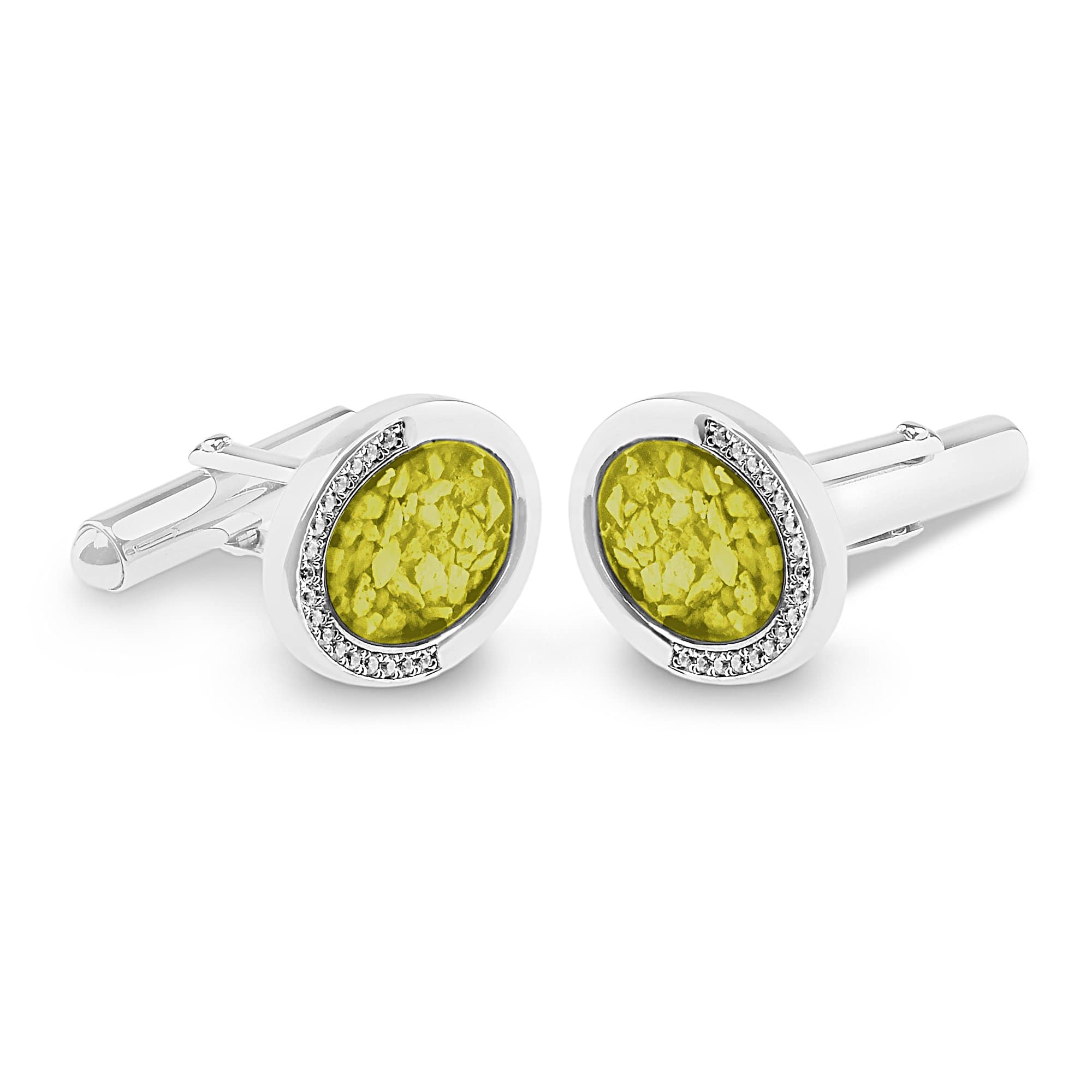 EverWith Gents Fancy Oval Memorial Ashes Cufflinks with Fine Crystals - Sterling Silver - Yellow