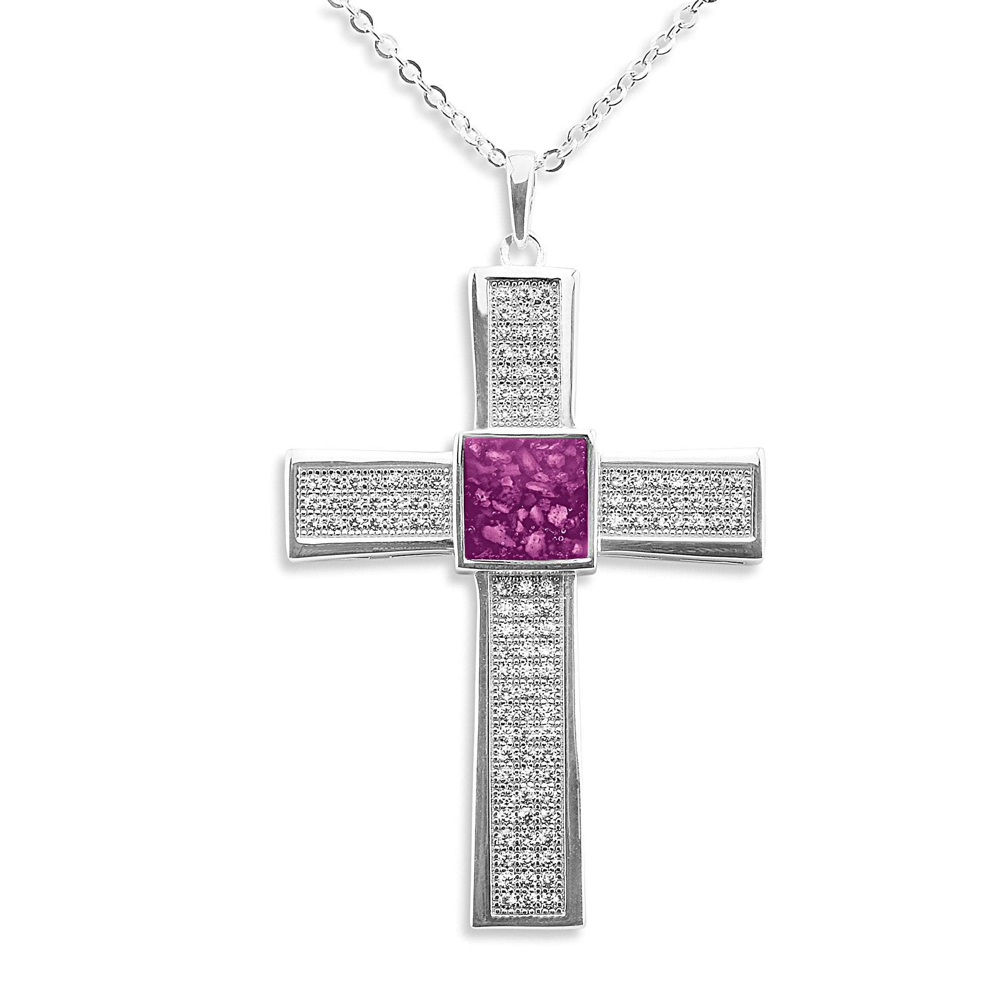 EverWith Gents Oversized Cross Memorial Ashes Pendant with Fine Crystals - Sterling Silver - Pink