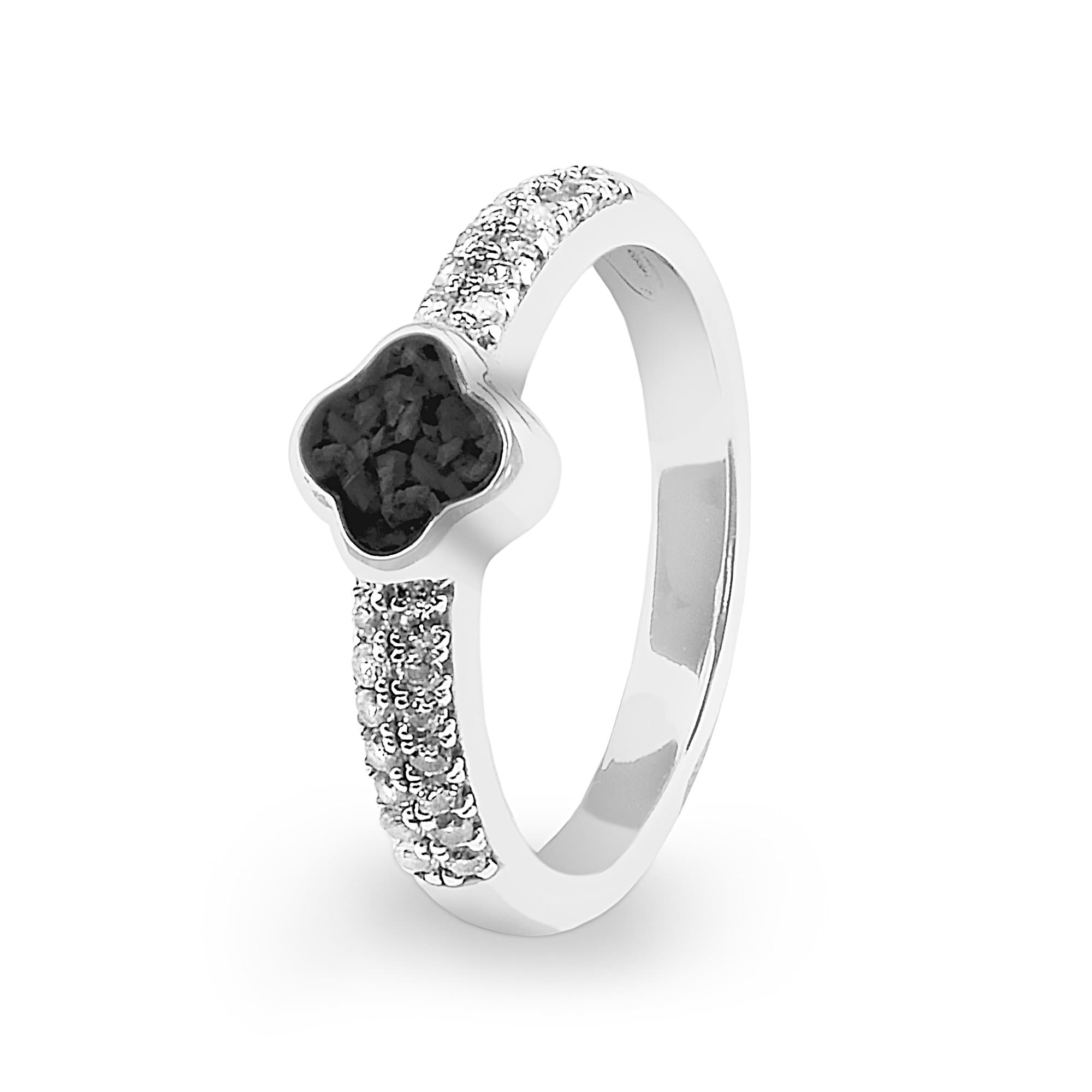 EverWith Ladies Clover Memorial Ashes Ring with Fine Crystals - 9k White Gold - Black