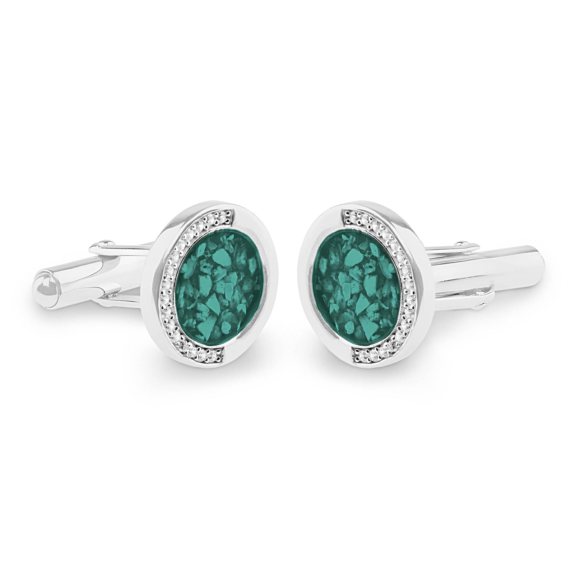 EverWith Gents Fancy Round Memorial Ashes Cufflinks with Fine Crystals - Sterling Silver - Aqua