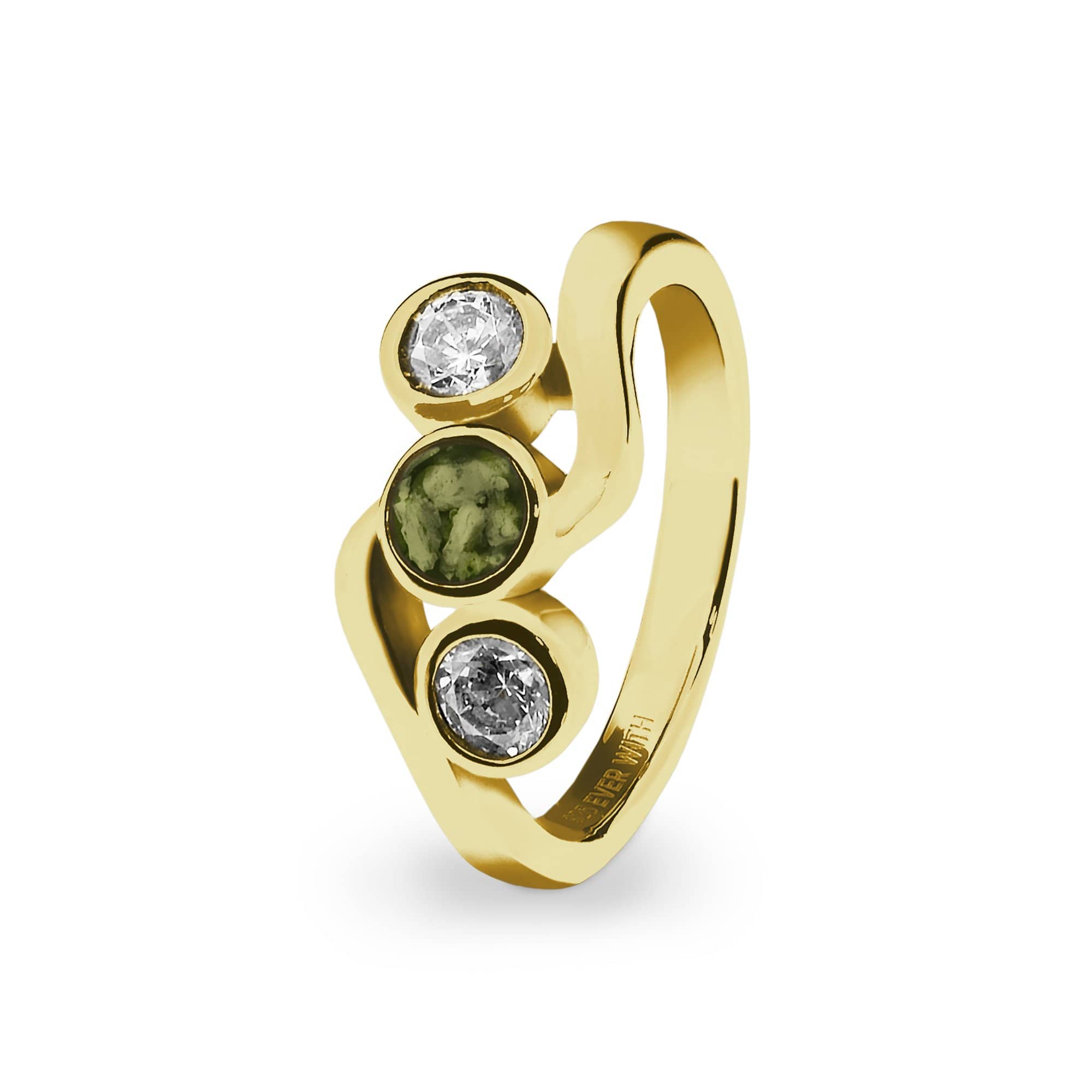 EverWith Ladies Three Of Us Memorial Ashes Ring with Fine Crystals - 9k Yellow Gold - Green