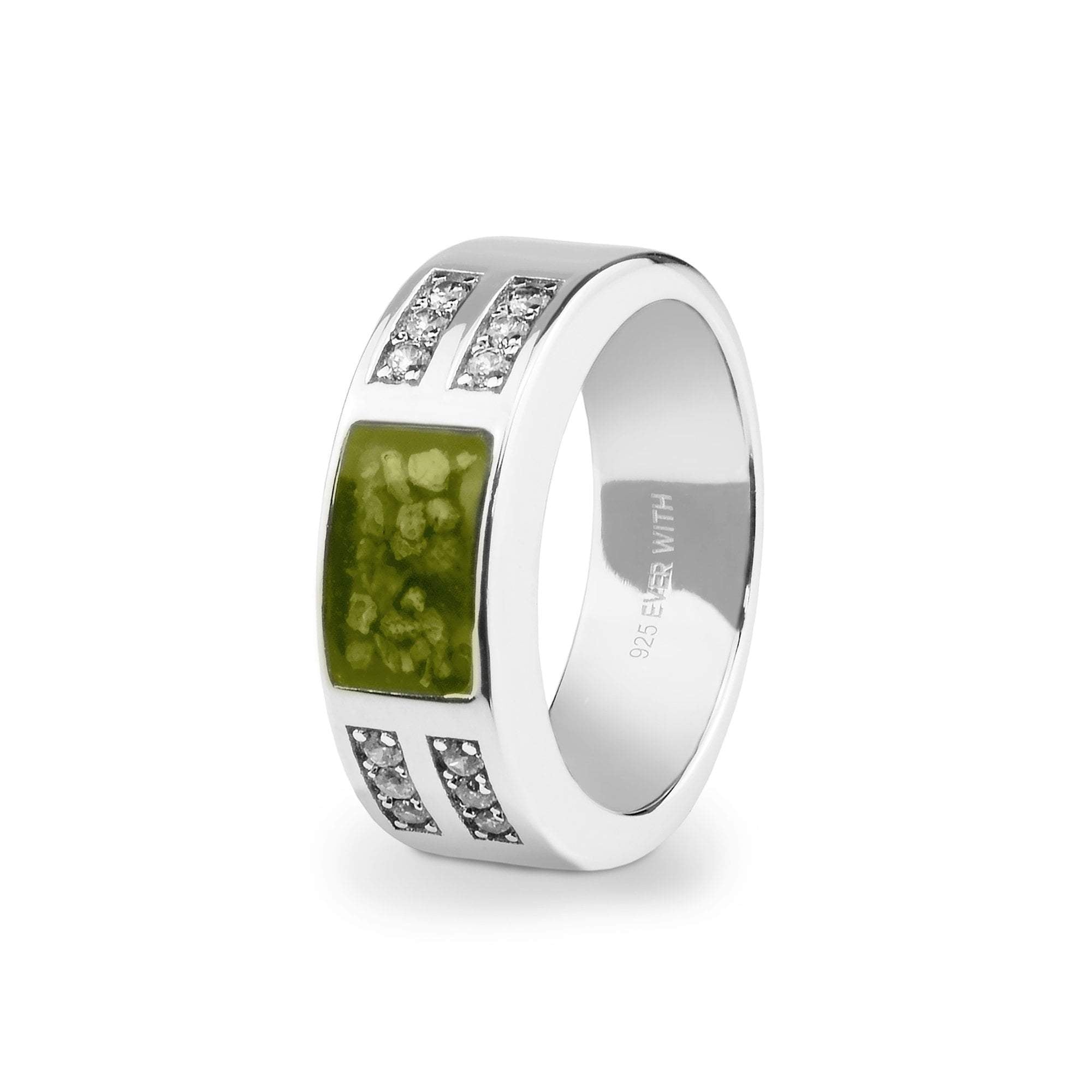 EverWith Gents Oblong Memorial Ashes Ring with Fine Crystals - Sterling Silver - Green