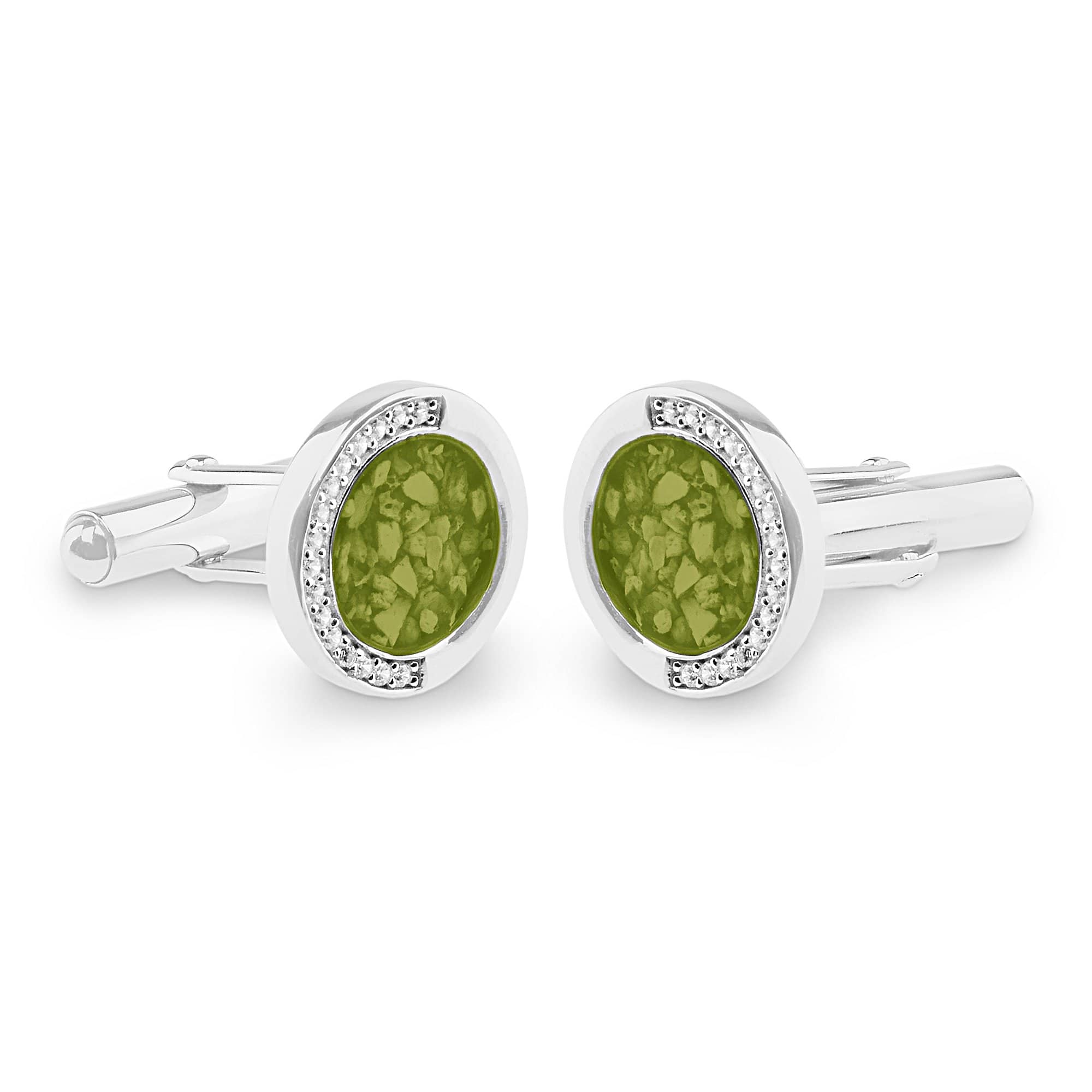 EverWith Gents Fancy Round Memorial Ashes Cufflinks with Fine Crystals - Sterling Silver - Green