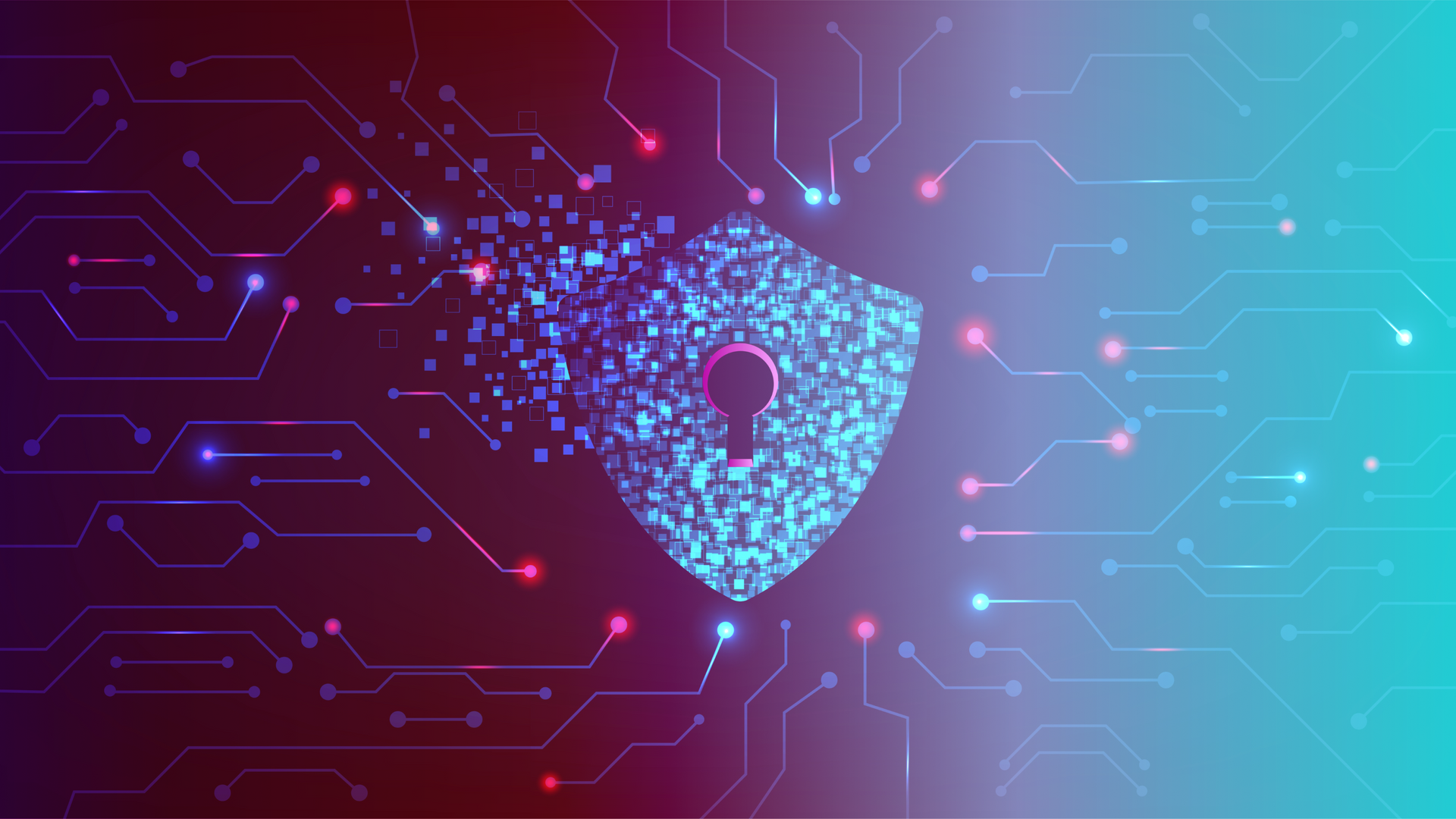 Digital cybersecurity shield with keyhole, dissolving pixels, glowing network circuits, and data protection theme